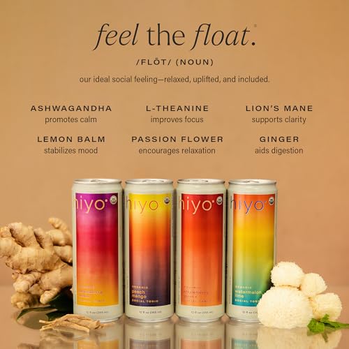 Hiyo USDA Organic Social Tonic - Adaptogens, Nootropics, Botanicals - Non-Alcoholic Functional Seltzer Drink - Feel the Float - 30 Calories, Vegan, Gluten Free, Non-GMO, 12 FL Oz (12-Pack)