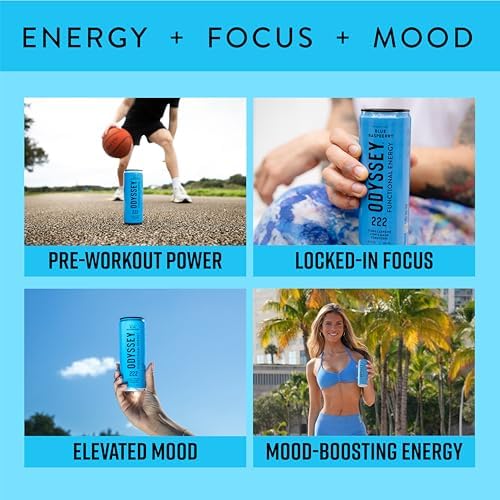 Odyssey Functional Energy Drink for Focus, Cognition & Mood Support 12 Pack - Adaptopgenic Drink with 222mg Green Tea Caffeine, Lion’s Mane, Cordyceps, L-Theanine & Ginseng