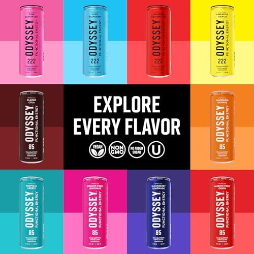 Odyssey Functional Energy Drink for Focus, Cognition & Mood Support 12 Pack - Adaptopgenic Drink with 222mg Green Tea Caffeine, Lion’s Mane, Cordyceps, L-Theanine & Ginseng