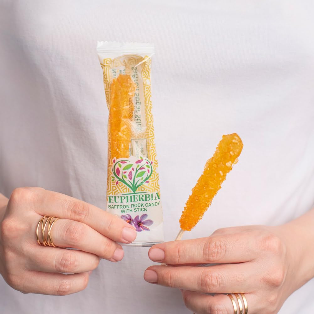 EUPHERBIA Saffron Rock Candy Sticks, 25 Pack, Pure Crystalline Elegance, Handcrafted Sweetness, Sugar Rock Candy (Nabat) Infused with Pure Grade A+ Saffron Threads, Ideal for Tea, Coffee, Milk, and All Your Favorite Hot Beverages, 16Oz, 450 Gram (25x18g)