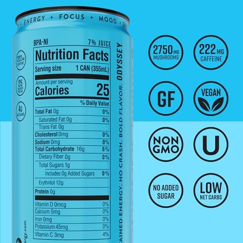 Odyssey Functional Energy Drink for Focus, Cognition & Mood Support 12 Pack - Adaptopgenic Drink with 222mg Green Tea Caffeine, Lion’s Mane, Cordyceps, L-Theanine & Ginseng