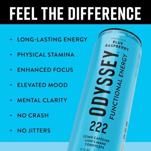 Odyssey Functional Energy Drink for Focus, Cognition & Mood Support 12 Pack - Adaptopgenic Drink with 222mg Green Tea Caffeine, Lion’s Mane, Cordyceps, L-Theanine & Ginseng