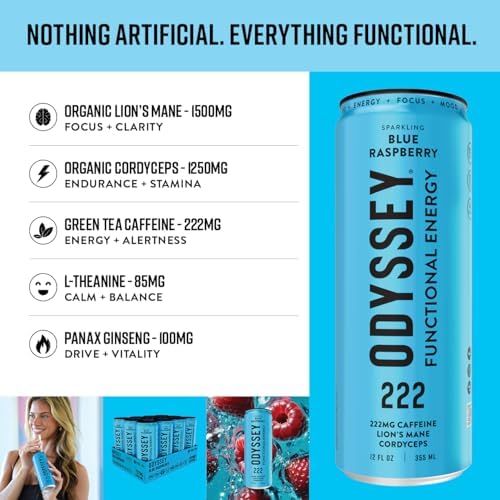 Odyssey Functional Energy Drink for Focus, Cognition & Mood Support 12 Pack - Adaptopgenic Drink with 222mg Green Tea Caffeine, Lion’s Mane, Cordyceps, L-Theanine & Ginseng