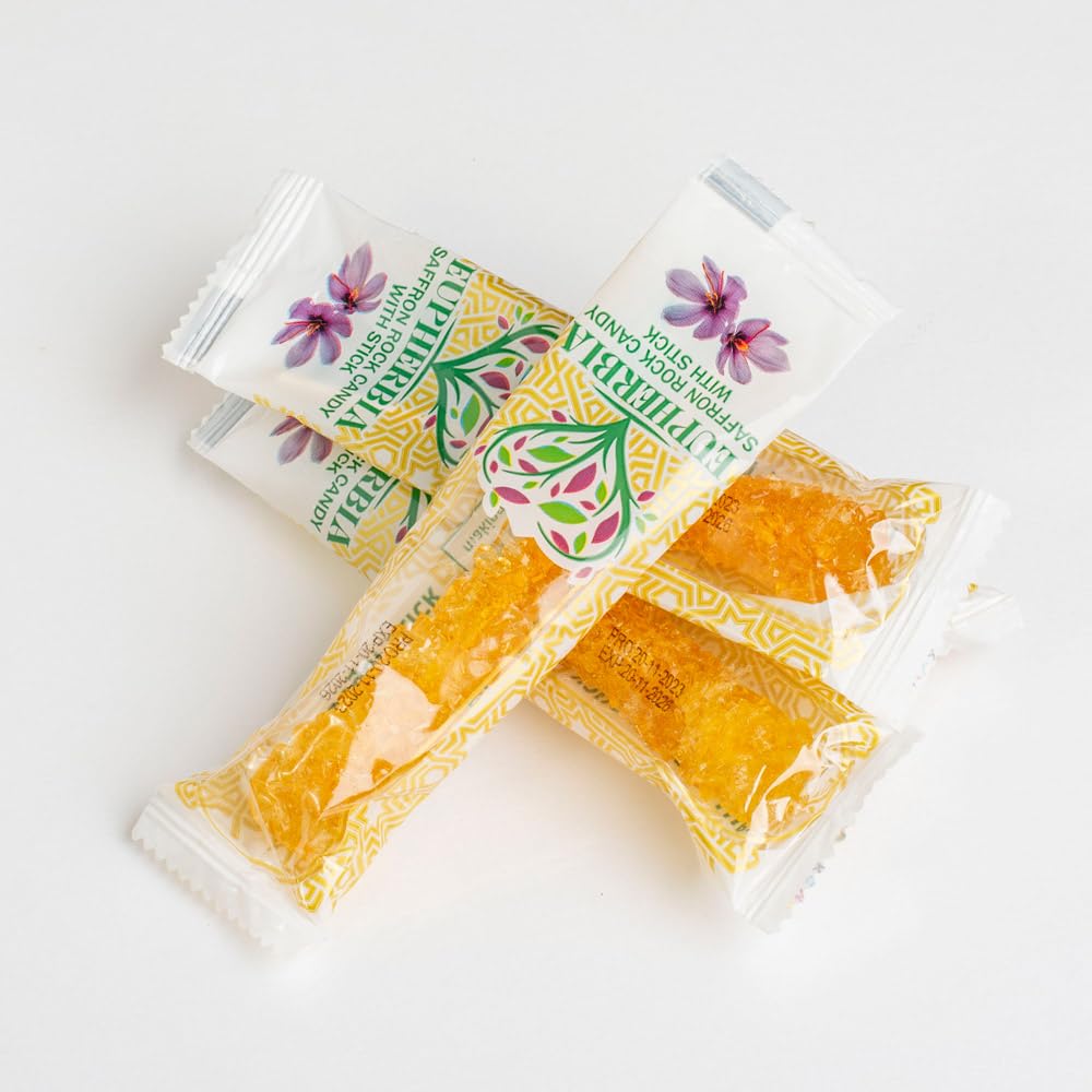 EUPHERBIA Saffron Rock Candy Sticks, 25 Pack, Pure Crystalline Elegance, Handcrafted Sweetness, Sugar Rock Candy (Nabat) Infused with Pure Grade A+ Saffron Threads, Ideal for Tea, Coffee, Milk, and All Your Favorite Hot Beverages, 16Oz, 450 Gram (25x18g)