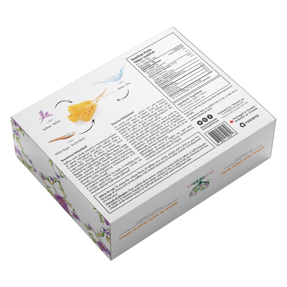 EUPHERBIA Saffron Rock Candy Sticks, 25 Pack, Pure Crystalline Elegance, Handcrafted Sweetness, Sugar Rock Candy (Nabat) Infused with Pure Grade A+ Saffron Threads, Ideal for Tea, Coffee, Milk, and All Your Favorite Hot Beverages, 16Oz, 450 Gram (25x18g)