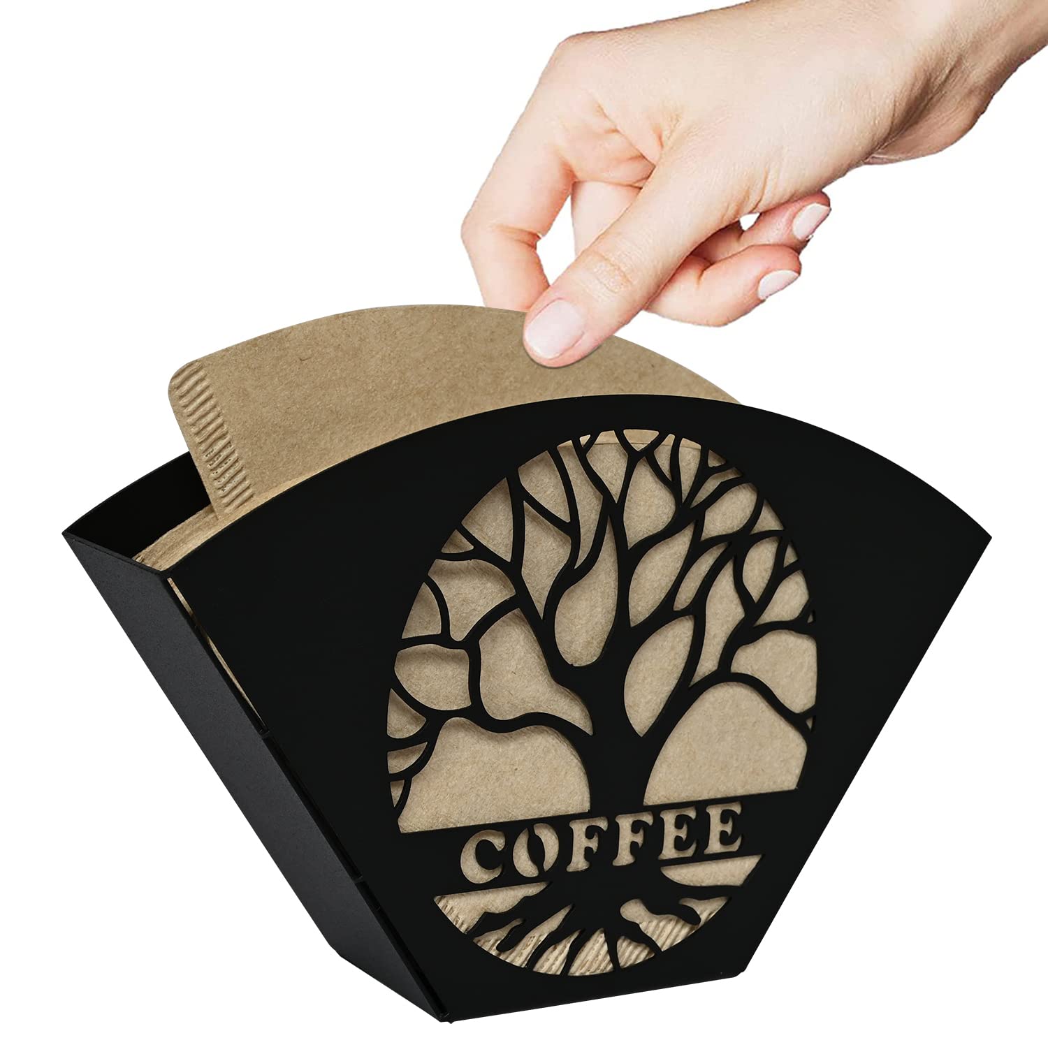 Stylish Coffee Filter Holder with Iron Fan Shape Evenly Spread out Filters, Coffee Filter Rack with Tree of Life Decor Upgrade Your Coffee Enjoyment, Perfect for Home or Office Use