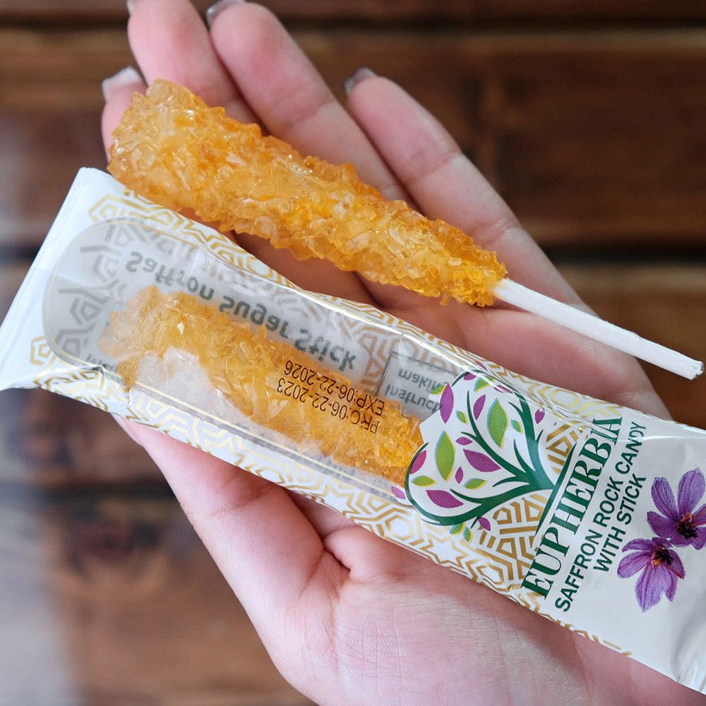 EUPHERBIA Saffron Rock Candy Sticks, 25 Pack, Pure Crystalline Elegance, Handcrafted Sweetness, Sugar Rock Candy (Nabat) Infused with Pure Grade A+ Saffron Threads, Ideal for Tea, Coffee, Milk, and All Your Favorite Hot Beverages, 16Oz, 450 Gram (25x18g)