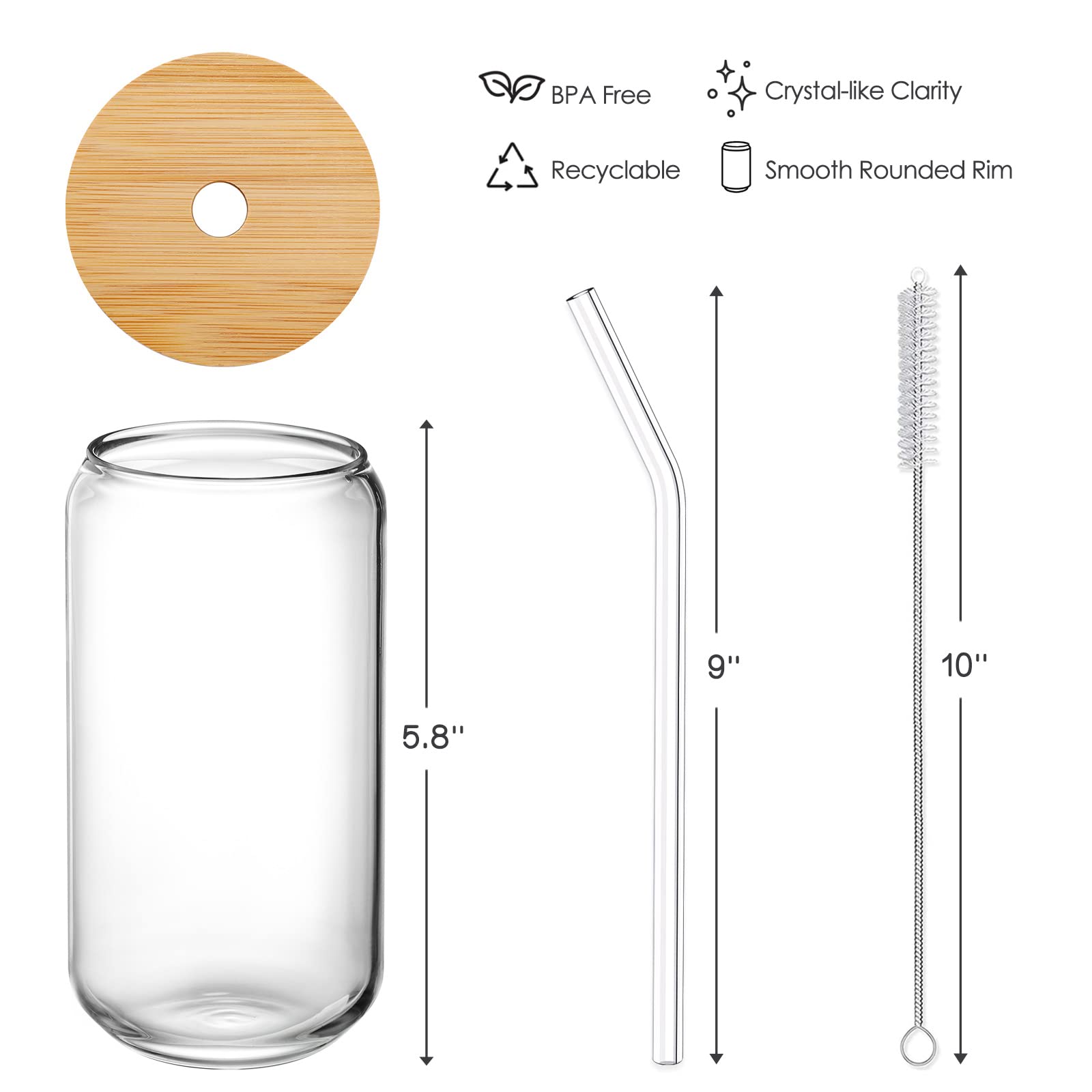 NETANY Drinking Glasses with Bamboo Lids and Glass Straw