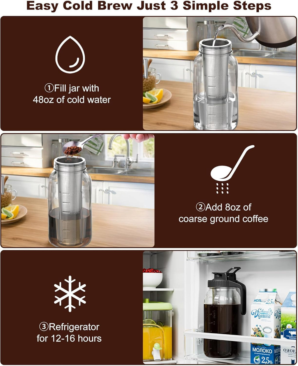 VA1KENE Cold Brew Coffee Maker, Mason Jar with 304 Stainless Steel Filter