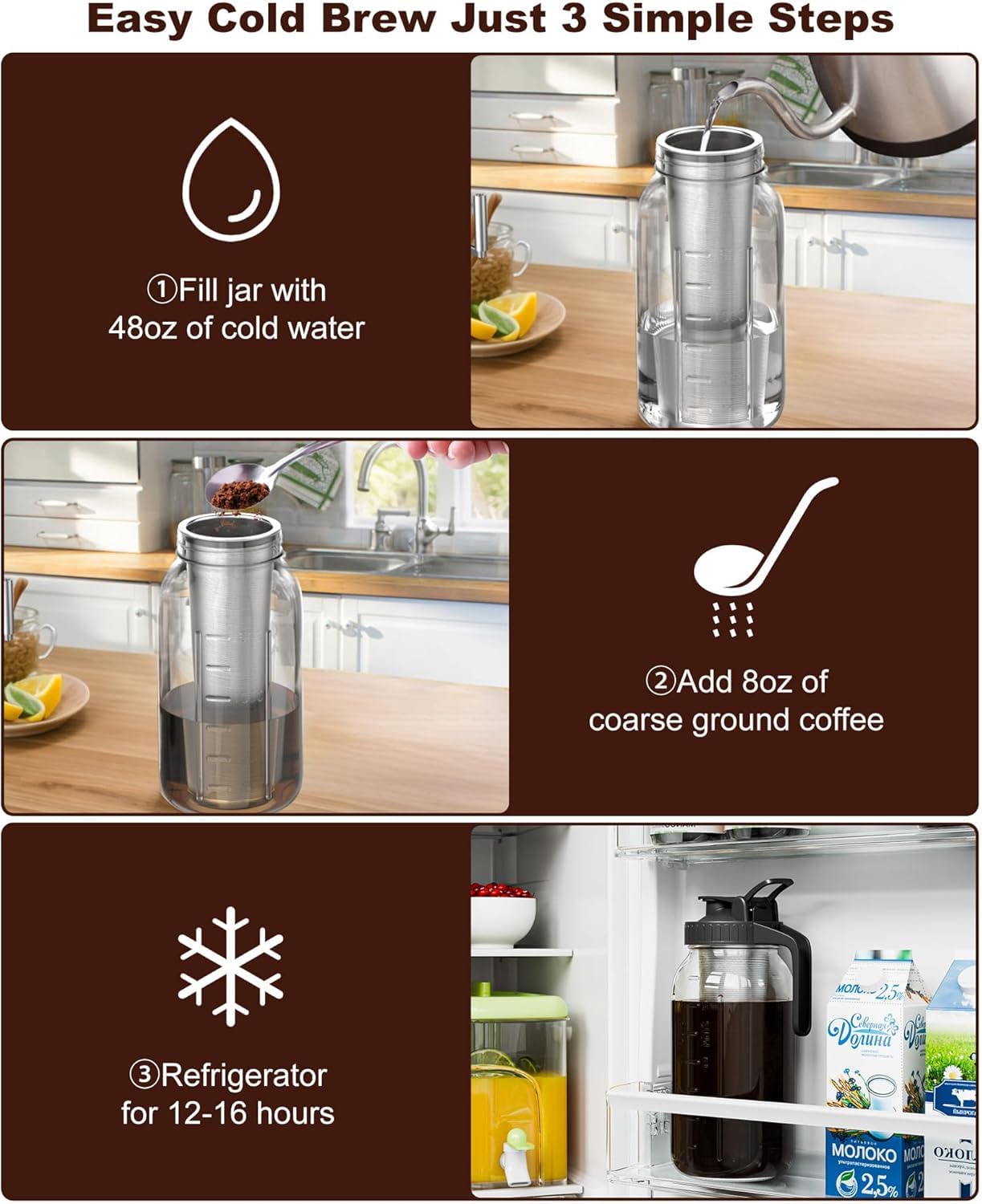 VA1KENE Cold Brew Coffee Maker, Mason Jar with 304 Stainless Steel Filter