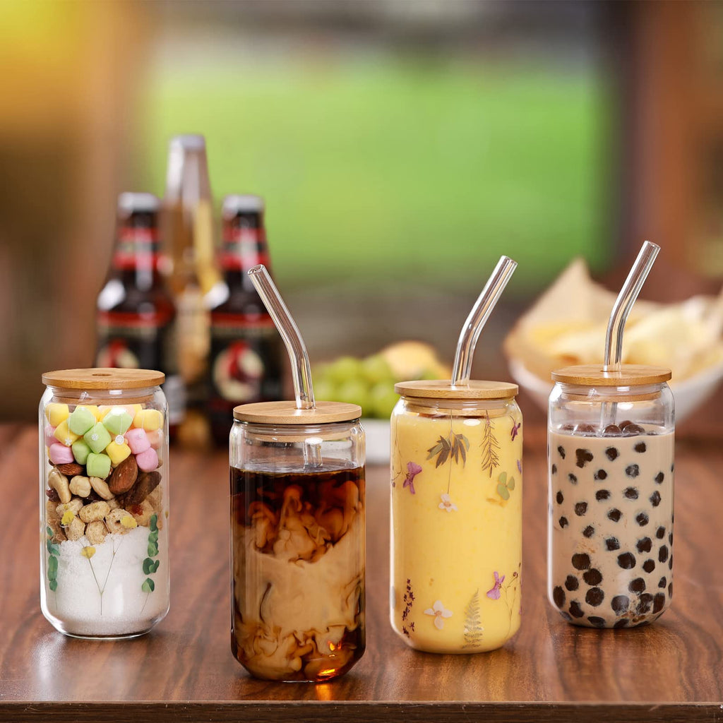 NETANY Drinking Glasses with Bamboo Lids and Glass Straw