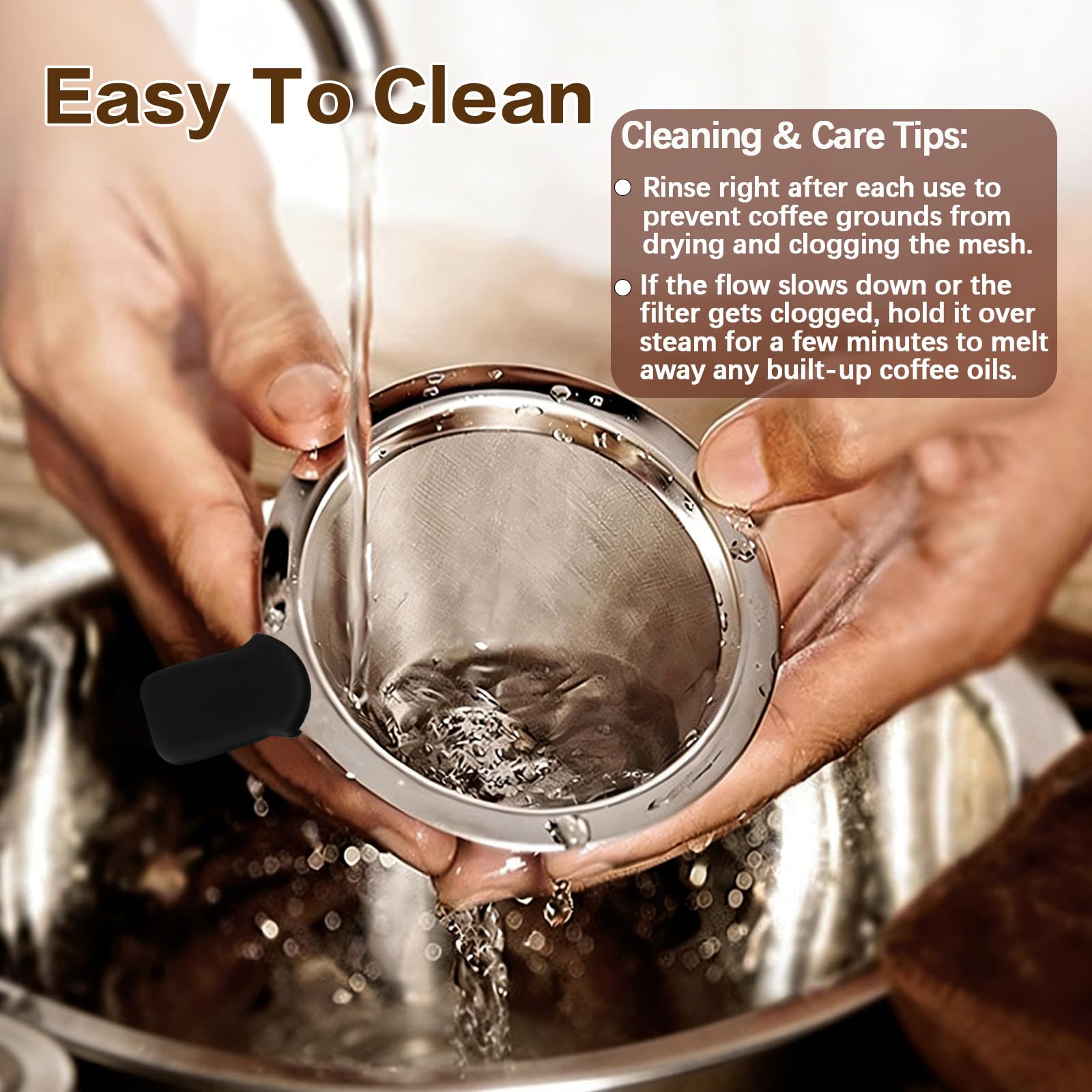 Pour Over Coffee Dripper, Stainless Steel Coffee Filter, Paperless Reusable Coffee Filter, Double Micromesh 600 Mesh Strainer Coffee Maker with Heat-Resistant Silicone Handle & Base