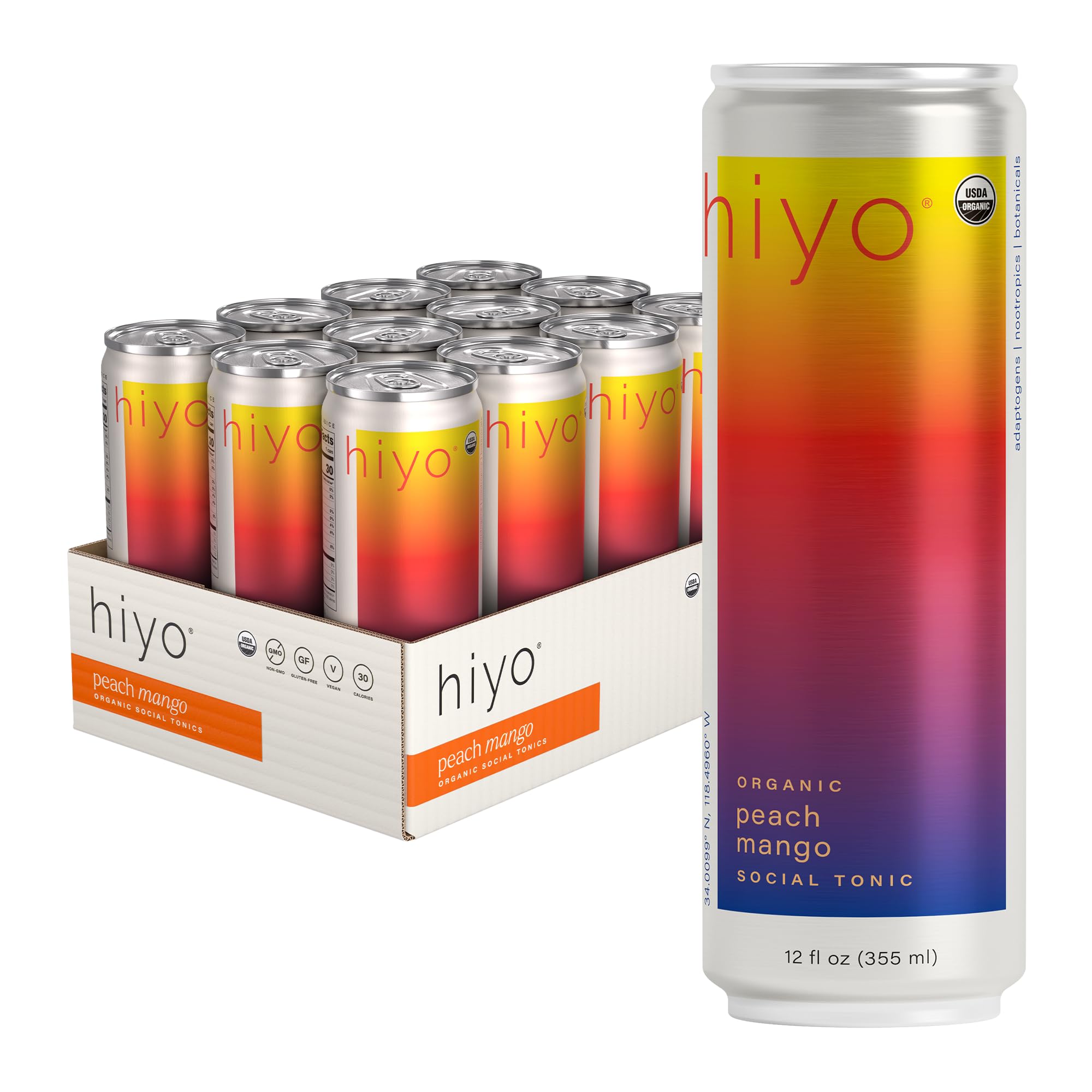 Hiyo USDA Organic Social Tonic - Adaptogens, Nootropics, Botanicals - Non-Alcoholic Functional Seltzer Drink - Feel the Float - 30 Calories, Vegan, Gluten Free, Non-GMO, 12 FL Oz (12-Pack)