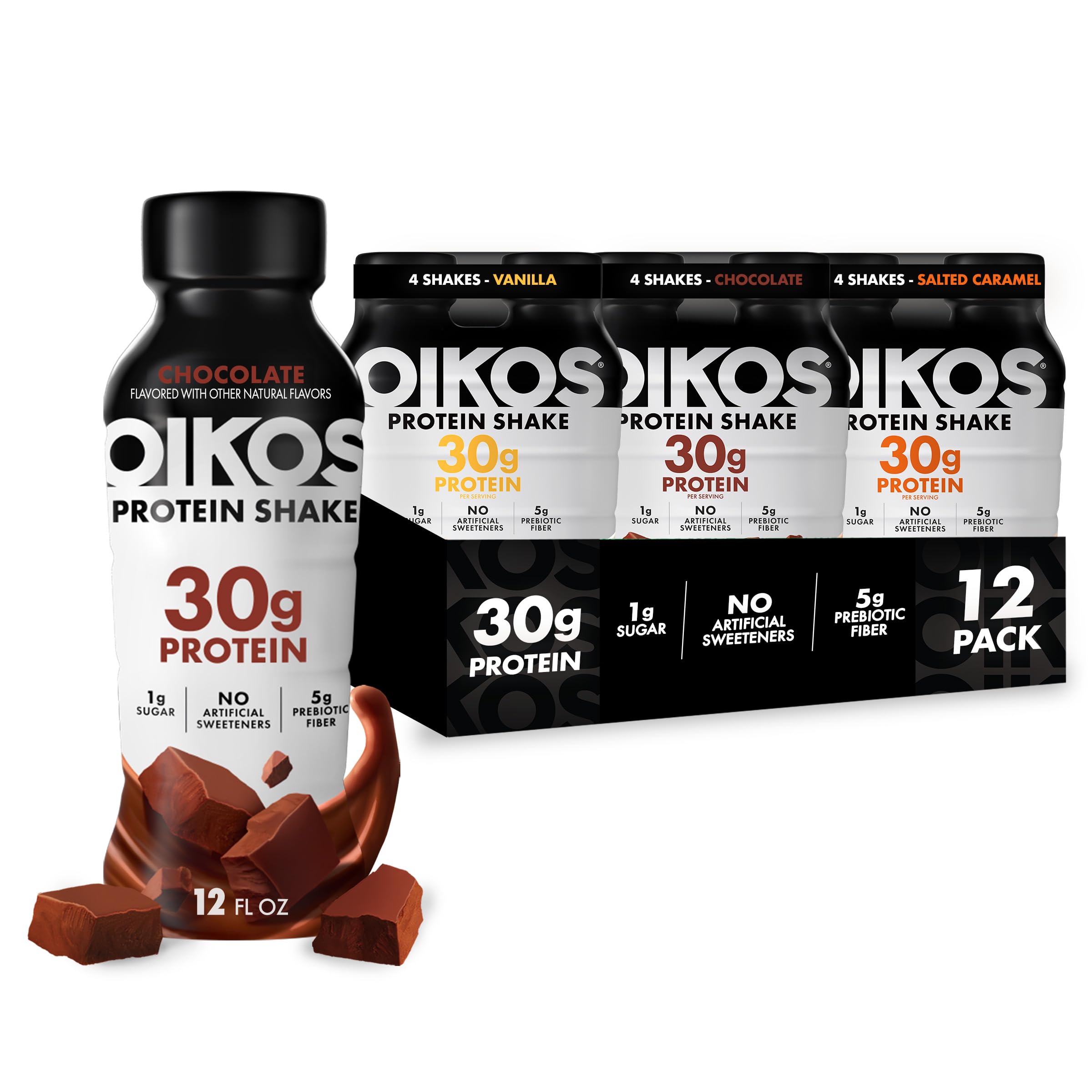 Oikos Protein Shake, 30g High Protein Drinks, Shelf Stable, Ready to Drink, 5g Prebiotic Fiber