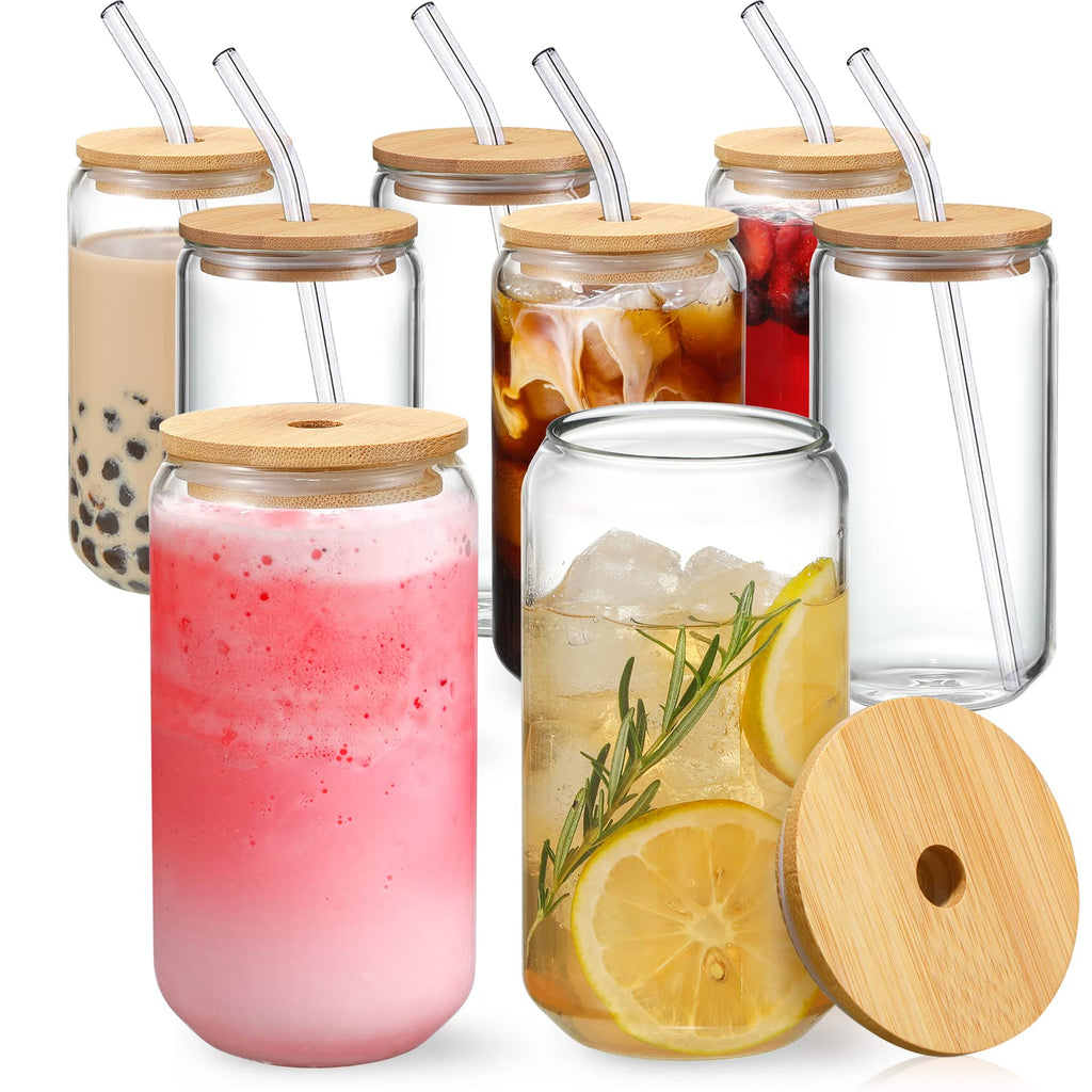 NETANY Drinking Glasses with Bamboo Lids and Glass Straw