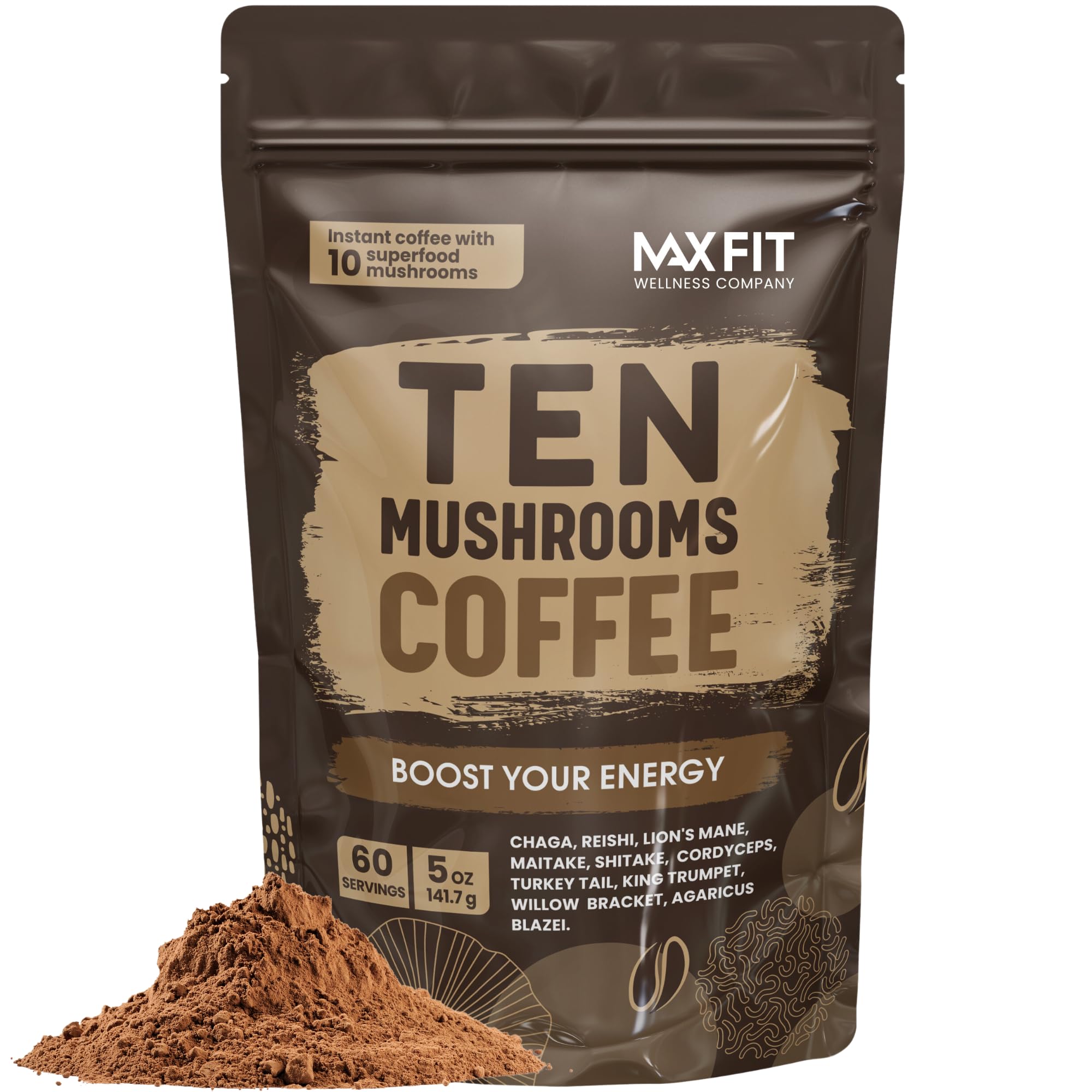 Mushroom Coffee (60 Servings) 10 Mushrooms (Lion’s Mane, Cordyceps, Turkey Tail & Other) Mixed with Gourmet Arabica Instant Coffee | Immune Boosting Coffee for Focus & Gut Health Support