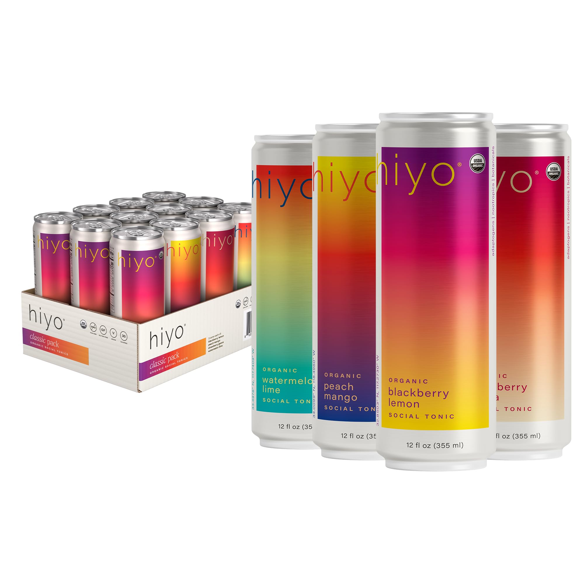 Hiyo USDA Organic Social Tonic - Adaptogens, Nootropics, Botanicals - Non-Alcoholic Functional Seltzer Drink - Feel the Float - 30 Calories, Vegan, Gluten Free, Non-GMO, 12 FL Oz (12-Pack)