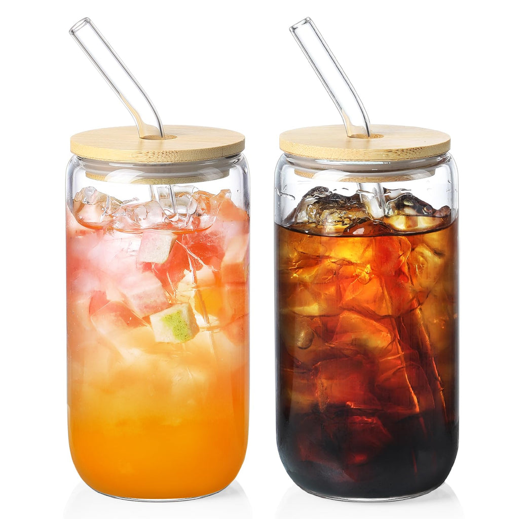 NETANY Drinking Glasses with Bamboo Lids and Glass Straw