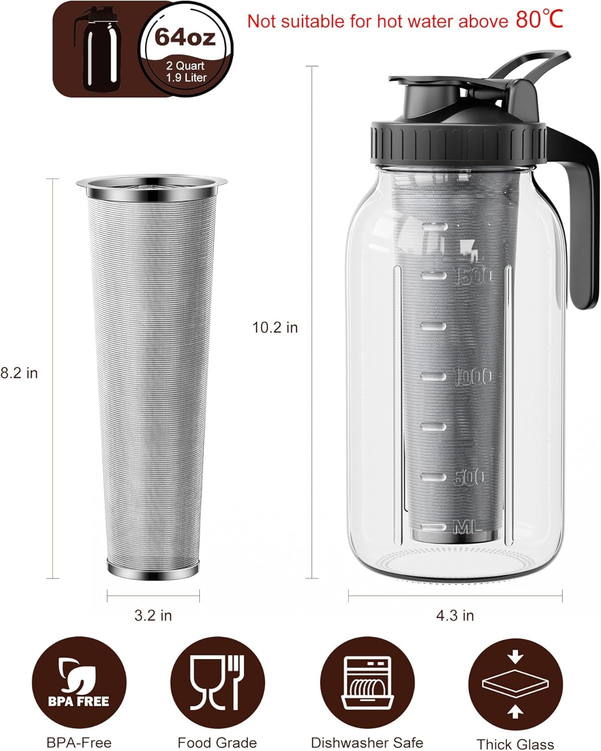 VA1KENE Cold Brew Coffee Maker, Mason Jar with 304 Stainless Steel Filter