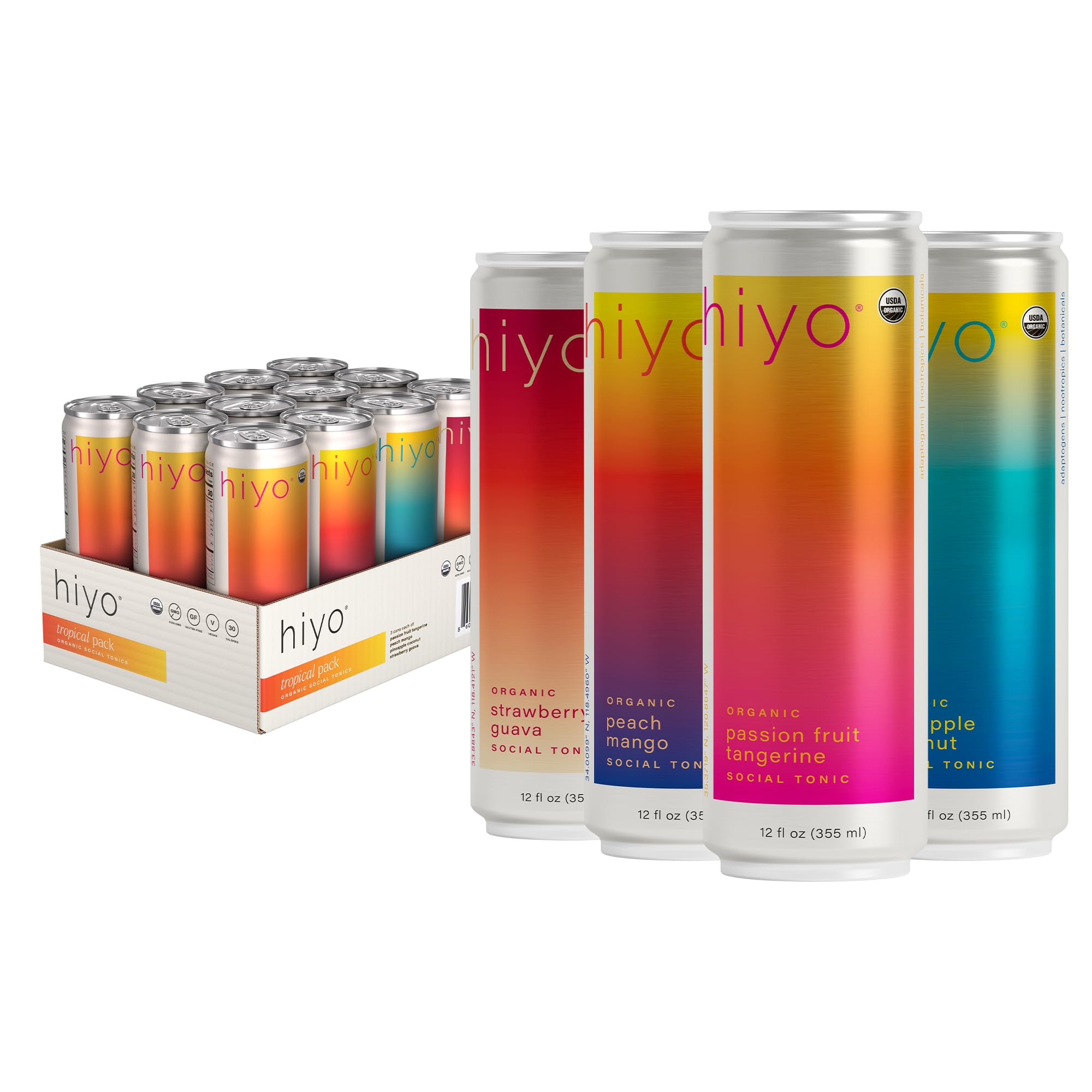 Hiyo USDA Organic Social Tonic - Adaptogens, Nootropics, Botanicals - Non-Alcoholic Functional Seltzer Drink - Feel the Float - 30 Calories, Vegan, Gluten Free, Non-GMO, 12 FL Oz (12-Pack)