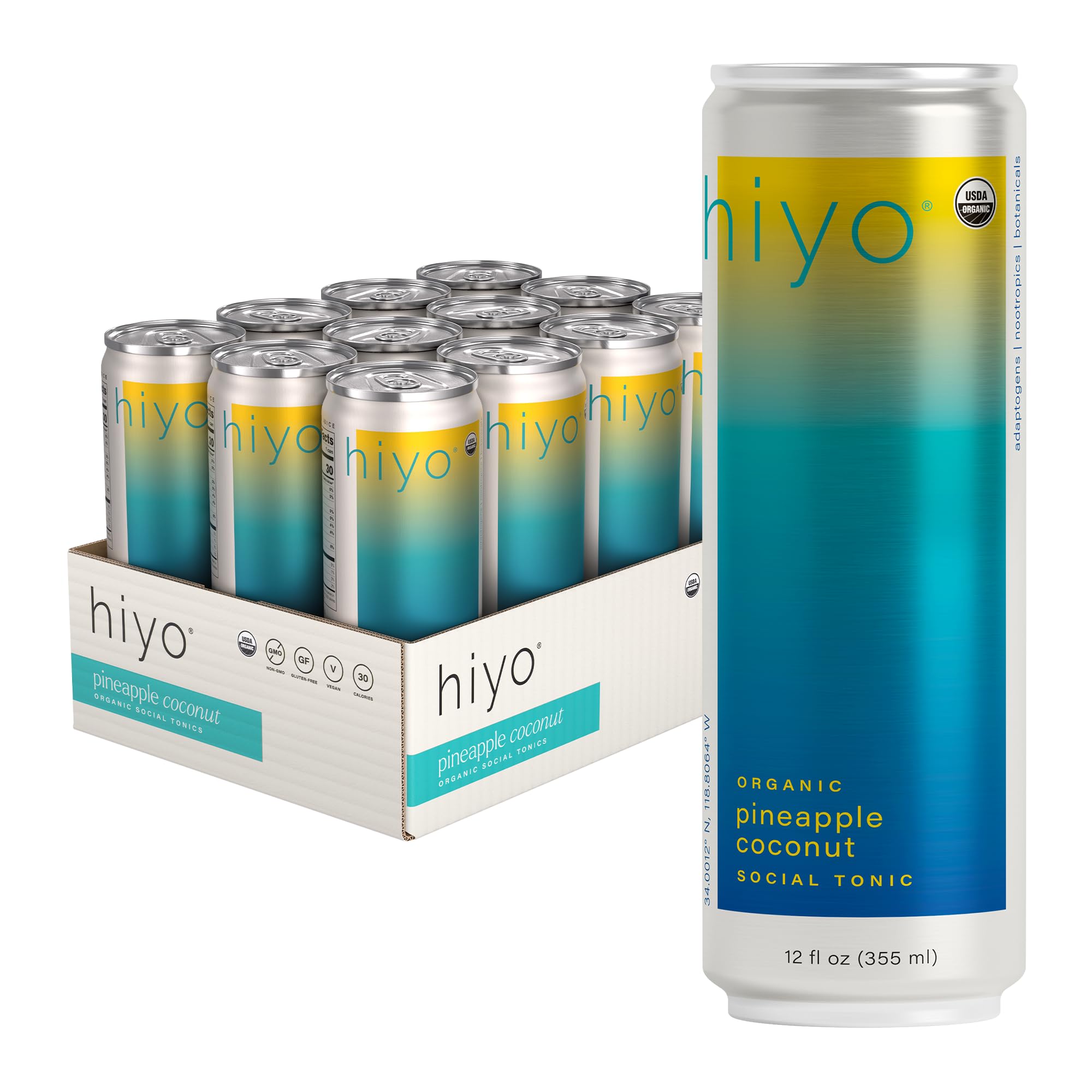 Hiyo USDA Organic Social Tonic - Adaptogens, Nootropics, Botanicals - Non-Alcoholic Functional Seltzer Drink - Feel the Float - 30 Calories, Vegan, Gluten Free, Non-GMO, 12 FL Oz (12-Pack)