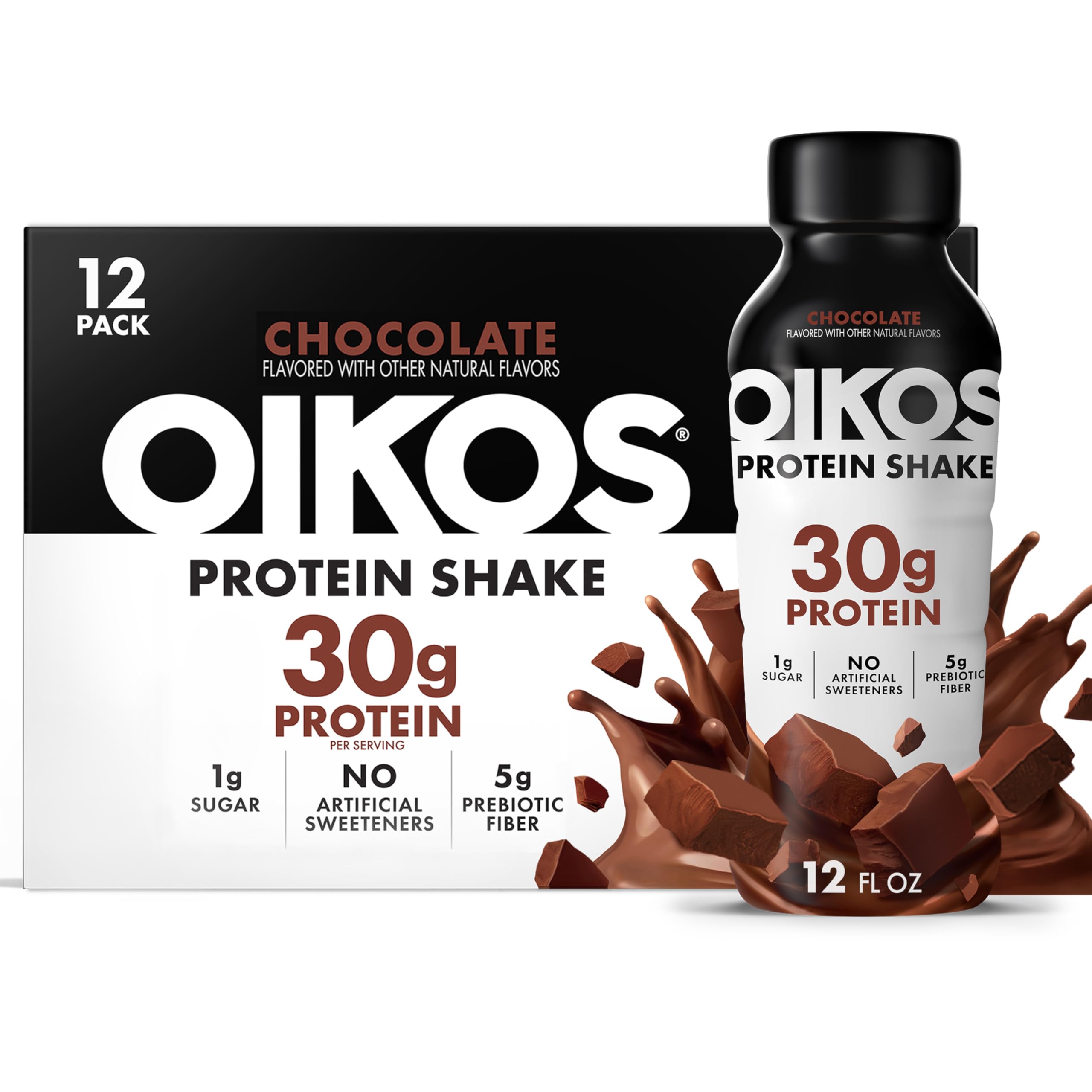 Oikos Protein Shake, 30g High Protein Drinks, Shelf Stable, Ready to Drink, 5g Prebiotic Fiber