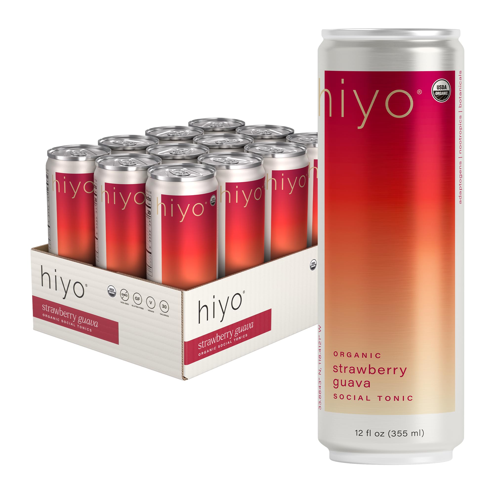 Hiyo USDA Organic Social Tonic - Adaptogens, Nootropics, Botanicals - Non-Alcoholic Functional Seltzer Drink - Feel the Float - 30 Calories, Vegan, Gluten Free, Non-GMO, 12 FL Oz (12-Pack)
