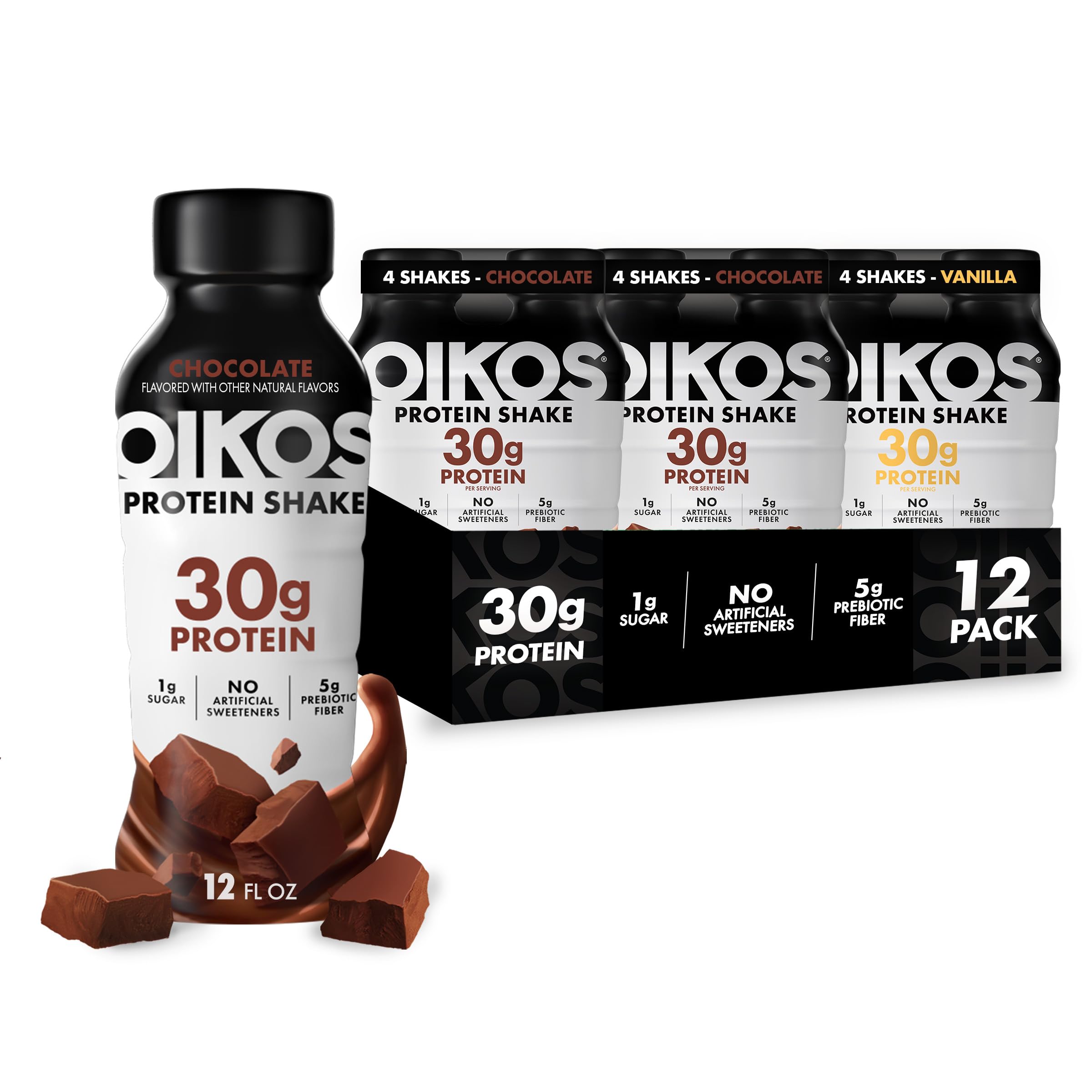 Oikos Protein Shake, 30g High Protein Drinks, Shelf Stable, Ready to Drink, 5g Prebiotic Fiber