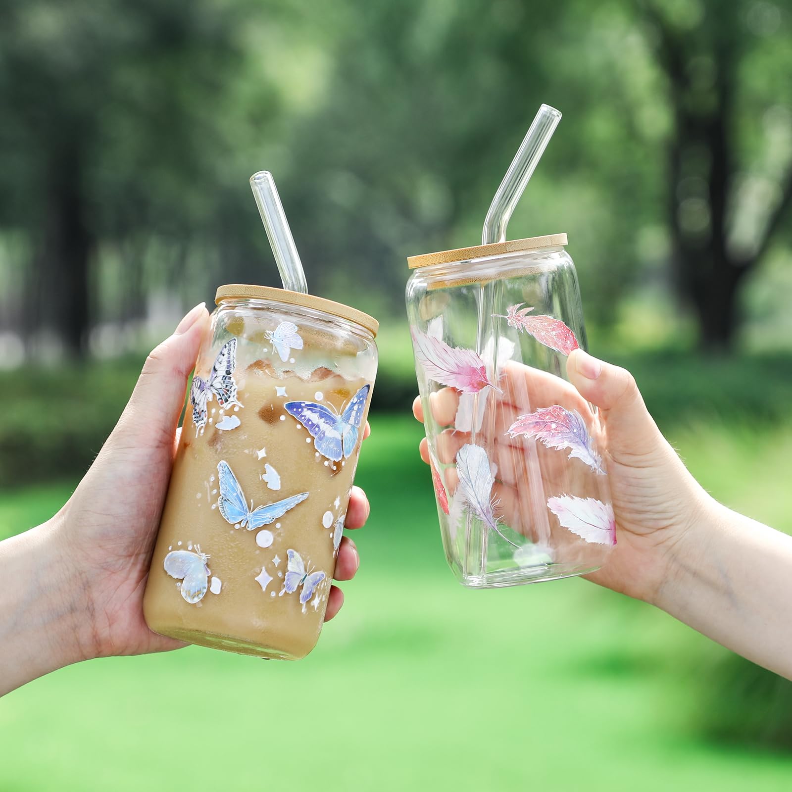 NETANY Drinking Glasses with Bamboo Lids and Glass Straw