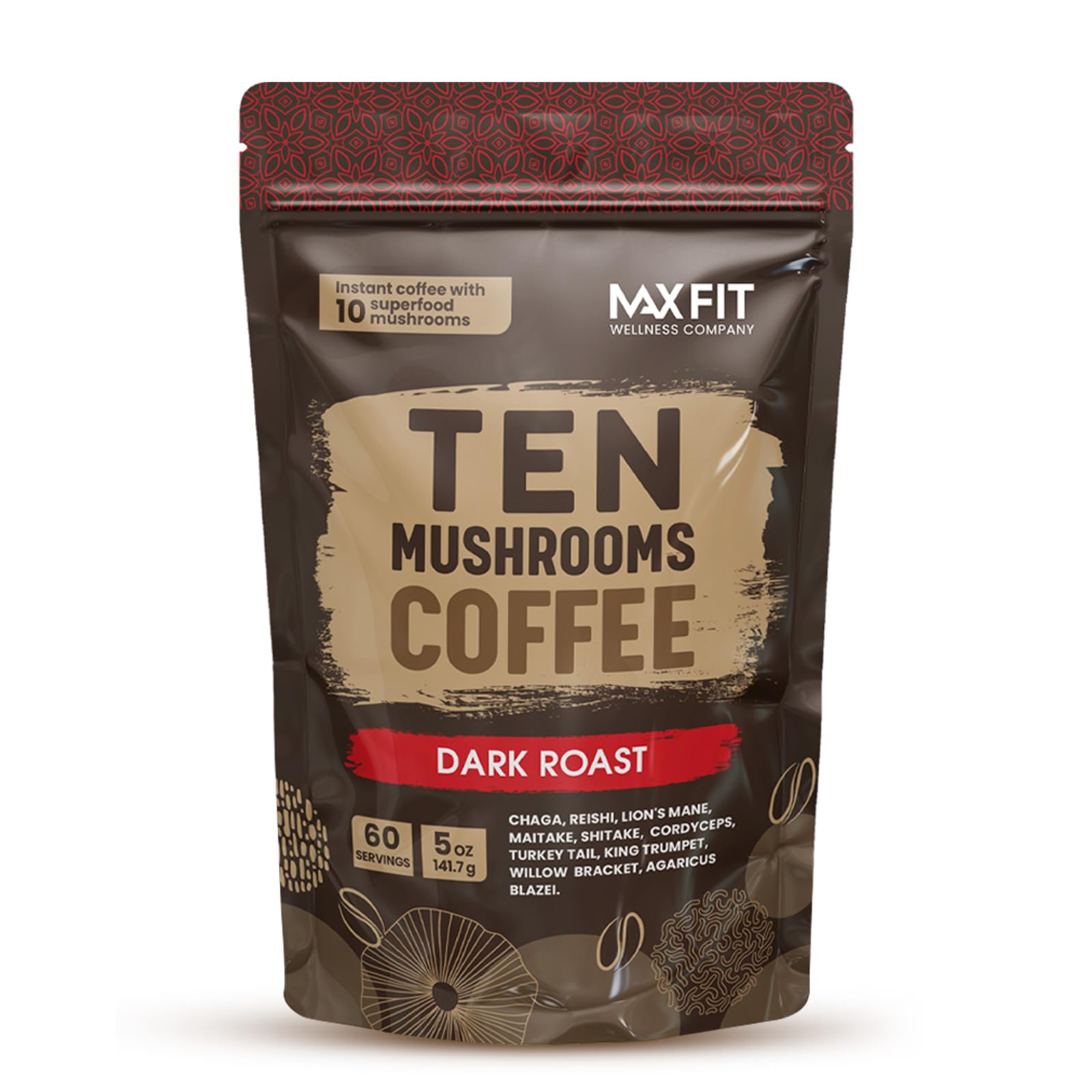 Mushroom Coffee (60 Servings) 10 Mushrooms (Lion’s Mane, Cordyceps, Turkey Tail & Other) Mixed with Gourmet Arabica Instant Coffee | Immune Boosting Coffee for Focus & Gut Health Support