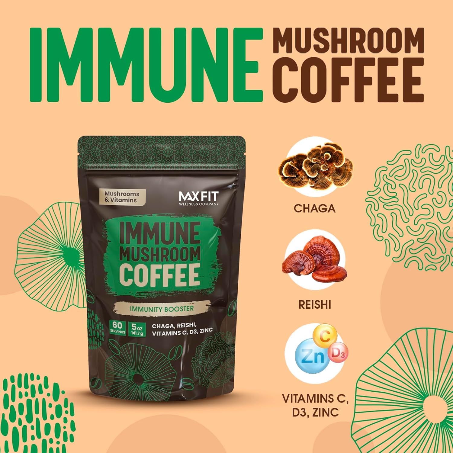 Mushroom Coffee (60 Servings) 10 Mushrooms (Lion’s Mane, Cordyceps, Turkey Tail & Other) Mixed with Gourmet Arabica Instant Coffee | Immune Boosting Coffee for Focus & Gut Health Support