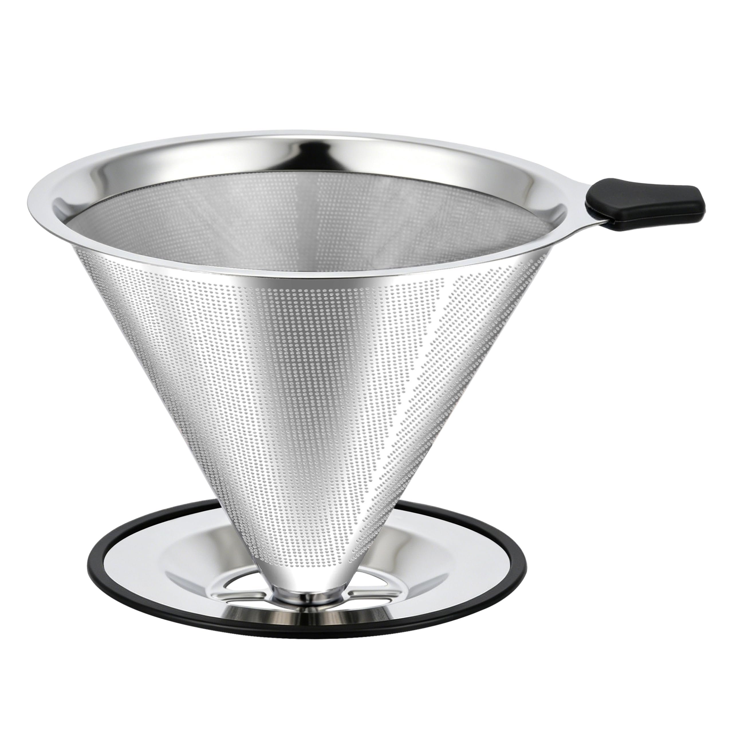 Pour Over Coffee Dripper, Stainless Steel Coffee Filter, Paperless Reusable Coffee Filter, Double Micromesh 600 Mesh Strainer Coffee Maker with Heat-Resistant Silicone Handle & Base