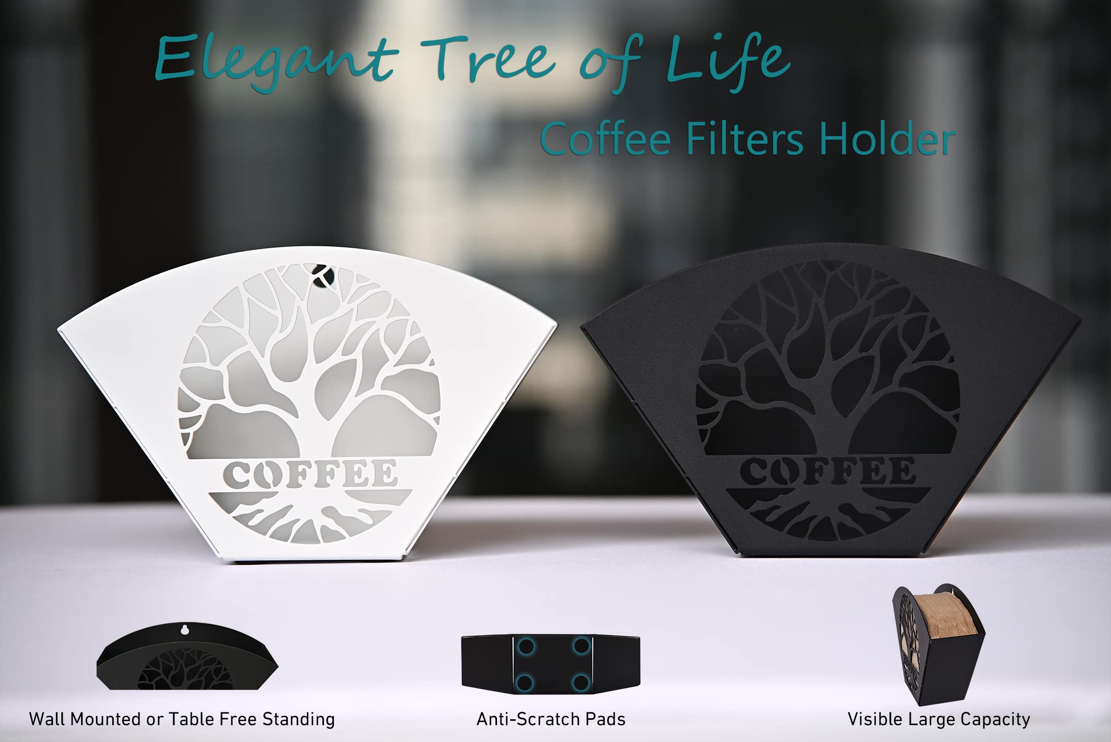 Stylish Coffee Filter Holder with Iron Fan Shape Evenly Spread out Filters, Coffee Filter Rack with Tree of Life Decor Upgrade Your Coffee Enjoyment, Perfect for Home or Office Use