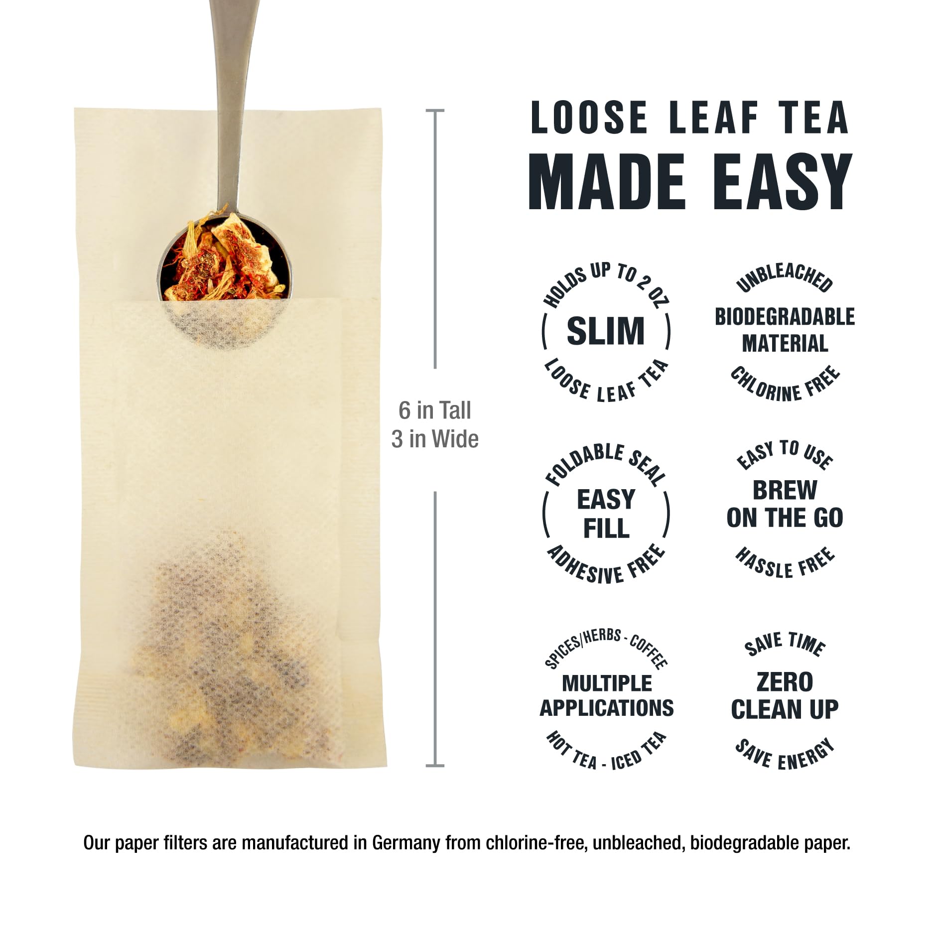 Tiesta Tea Loose Leaf Filters for Brewing, Disposable Infuser for Hot & Iced Drinks, Easy-Fill Steeper, Unbleached Paper, Single-Cup Infuser for Loose Leaves, 100 Empty Bags