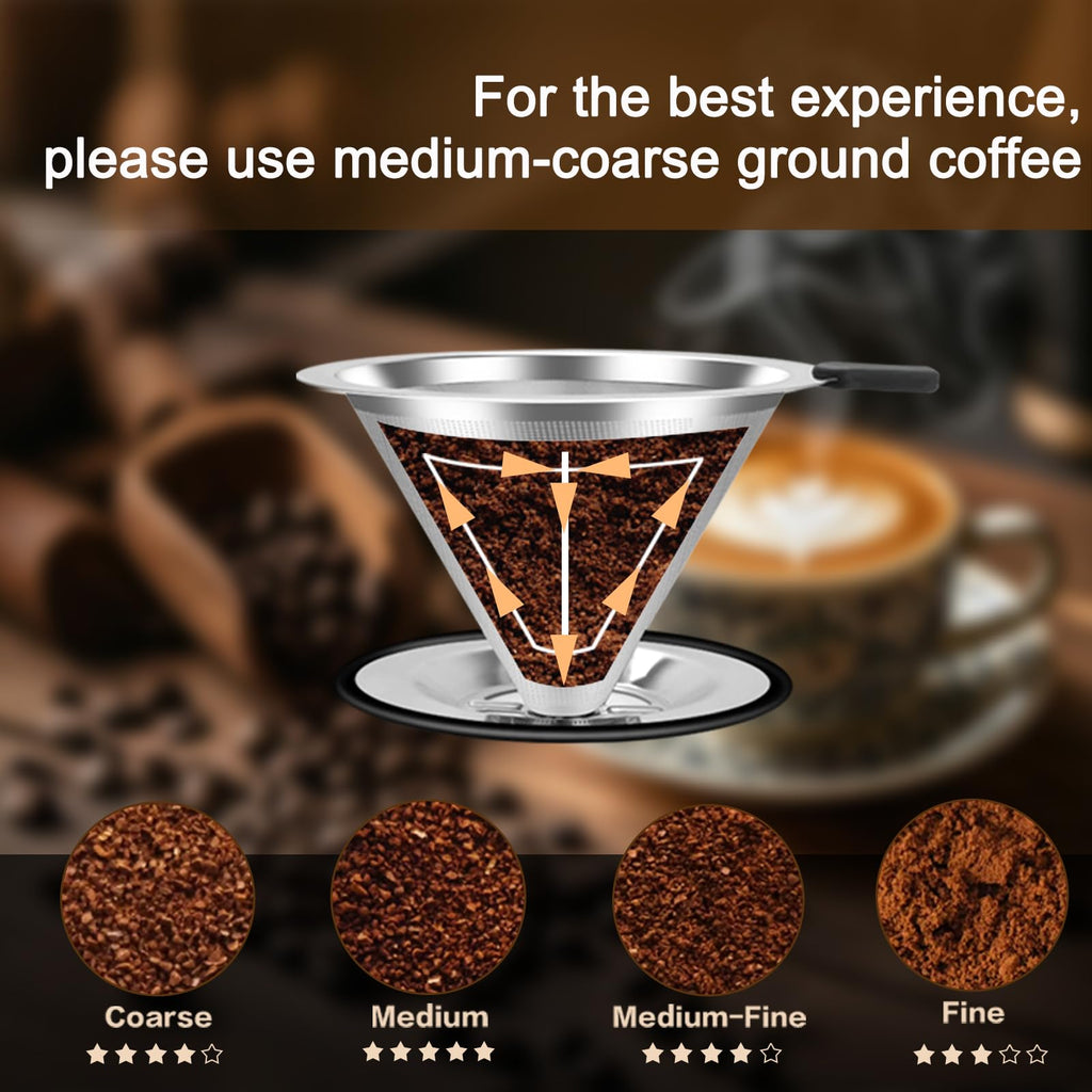 Pour Over Coffee Dripper, Stainless Steel Coffee Filter, Paperless Reusable Coffee Filter, Double Micromesh 600 Mesh Strainer Coffee Maker with Heat-Resistant Silicone Handle & Base
