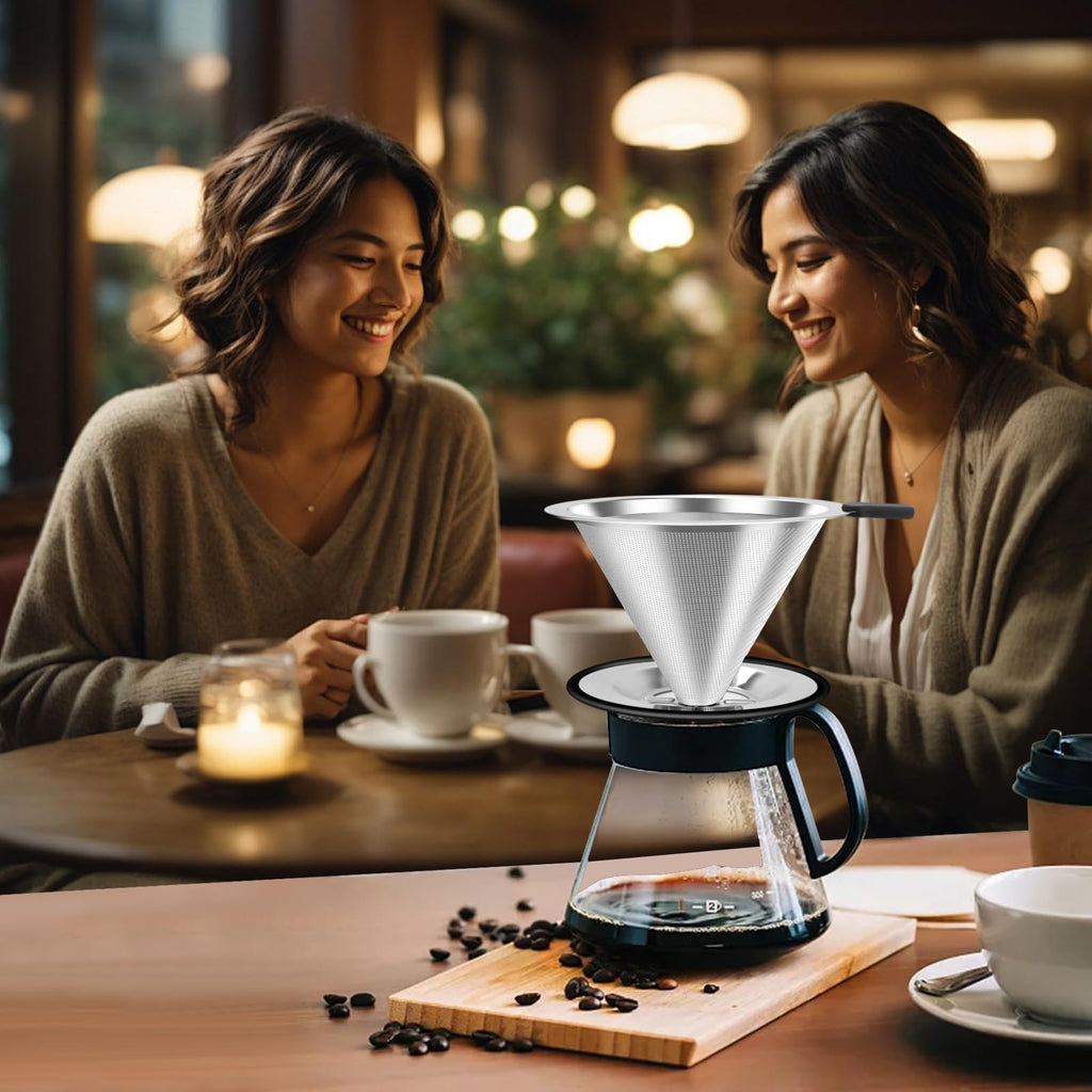 Pour Over Coffee Dripper, Stainless Steel Coffee Filter, Paperless Reusable Coffee Filter, Double Micromesh 600 Mesh Strainer Coffee Maker with Heat-Resistant Silicone Handle & Base