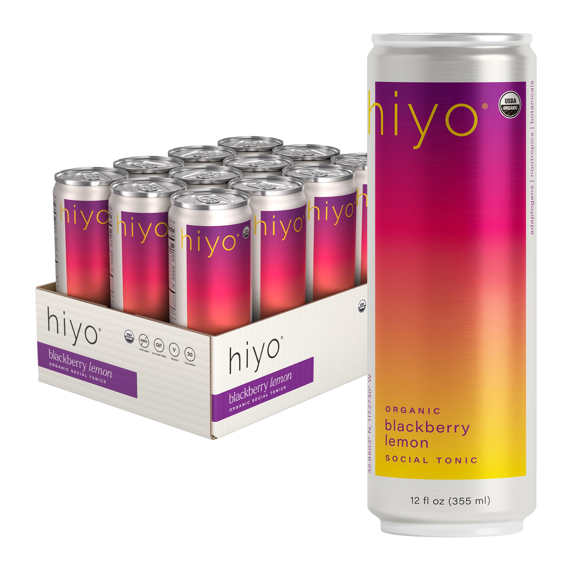 Hiyo USDA Organic Social Tonic - Adaptogens, Nootropics, Botanicals - Non-Alcoholic Functional Seltzer Drink - Feel the Float - 30 Calories, Vegan, Gluten Free, Non-GMO, 12 FL Oz (12-Pack)