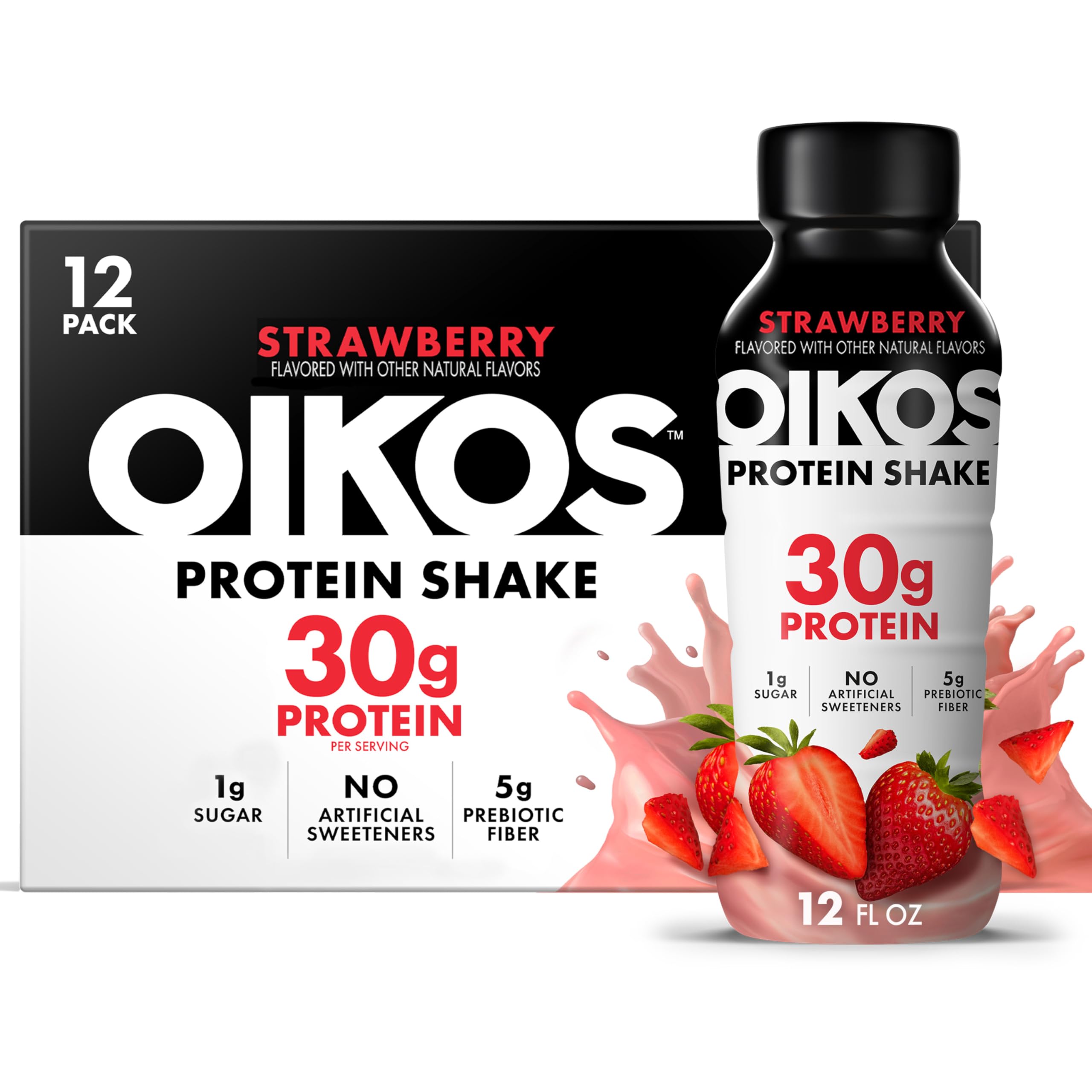 Oikos Protein Shake, 30g High Protein Drinks, Shelf Stable, Ready to Drink, 5g Prebiotic Fiber