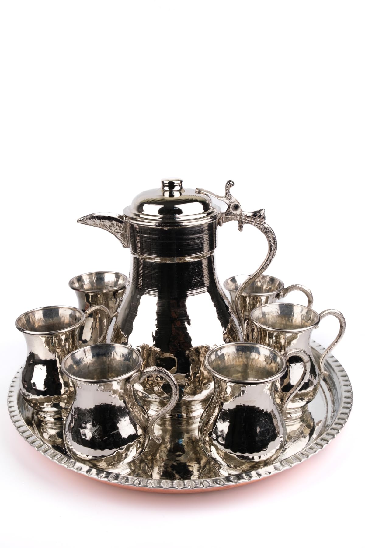 Turkish Copper Pitcher & 6 Tea Glasses Set, 250ml, Silver