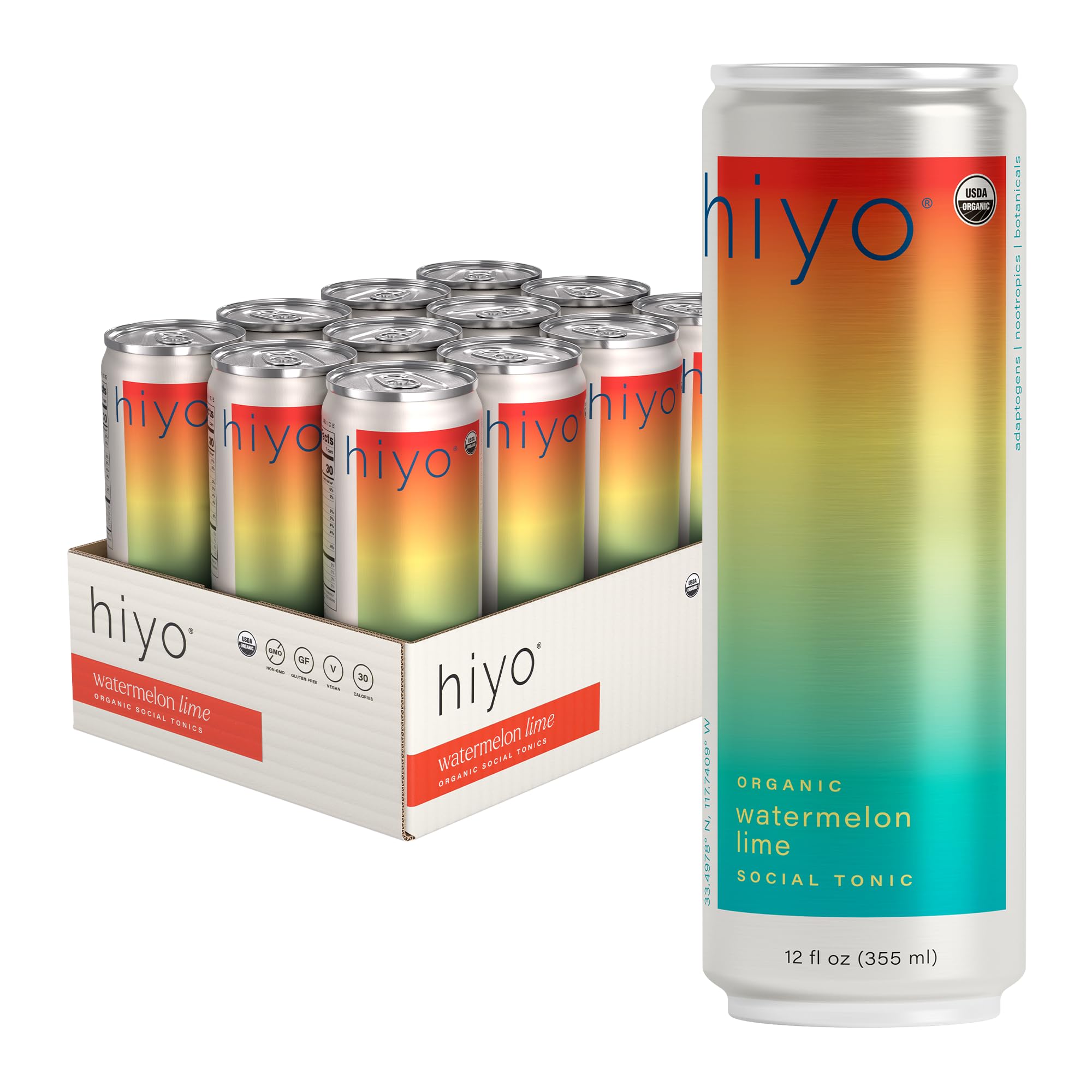 Hiyo USDA Organic Social Tonic - Adaptogens, Nootropics, Botanicals - Non-Alcoholic Functional Seltzer Drink - Feel the Float - 30 Calories, Vegan, Gluten Free, Non-GMO, 12 FL Oz (12-Pack)