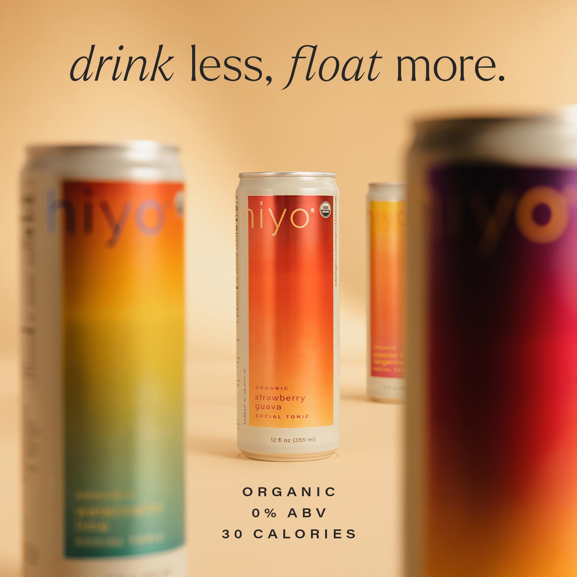 Hiyo Organic Social Tonic- Passion Fruit Tangerine, 4 pack - N.A. Functional Seltzer, Sparkling Water Crafted with Organic Adaptogens, Nootropics, & Botanicals