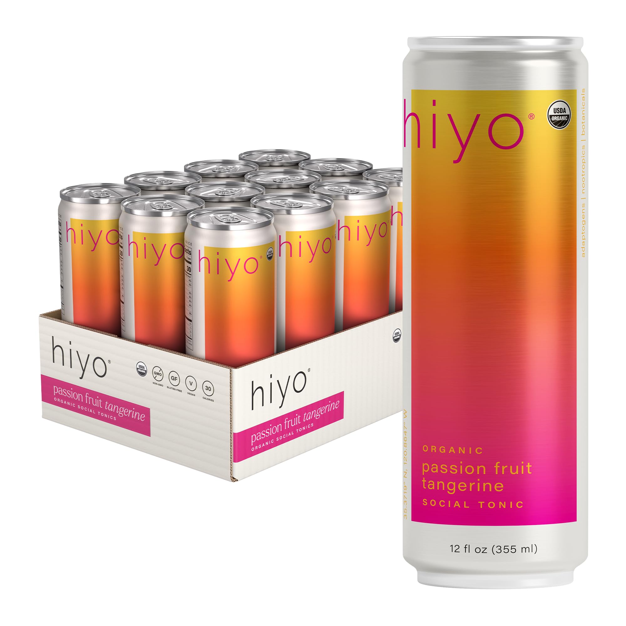 Hiyo USDA Organic Social Tonic - Adaptogens, Nootropics, Botanicals - Non-Alcoholic Functional Seltzer Drink - Feel the Float - 30 Calories, Vegan, Gluten Free, Non-GMO, 12 FL Oz (12-Pack)