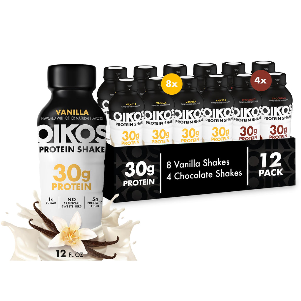 Oikos Protein Shake, 30g High Protein Drinks, Shelf Stable, Ready to Drink, 5g Prebiotic Fiber