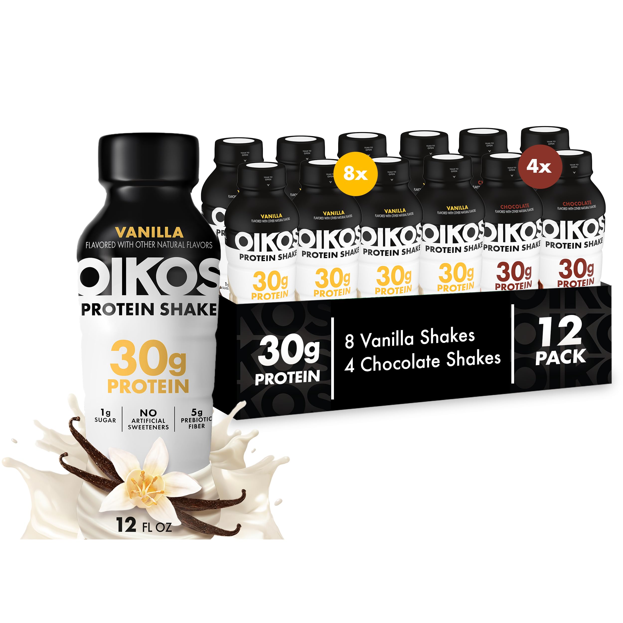 Oikos Protein Shake, 30g High Protein Drinks, Shelf Stable, Ready to Drink, 5g Prebiotic Fiber