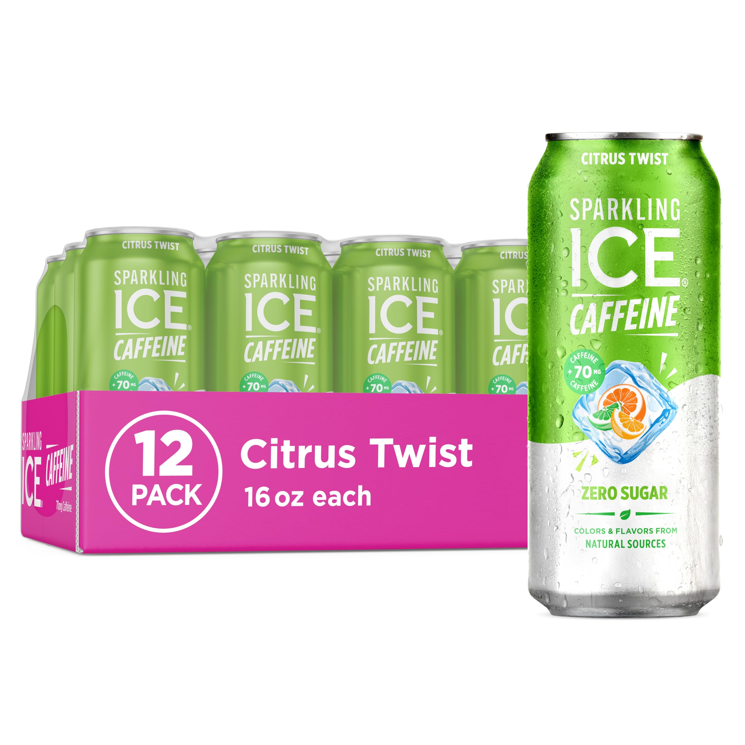 Sparkling Ice +Caffeine Sparkling Water, with Antioxidants and Vitamins, Zero Sugar, 16 fl oz Cans (Pack of 12)