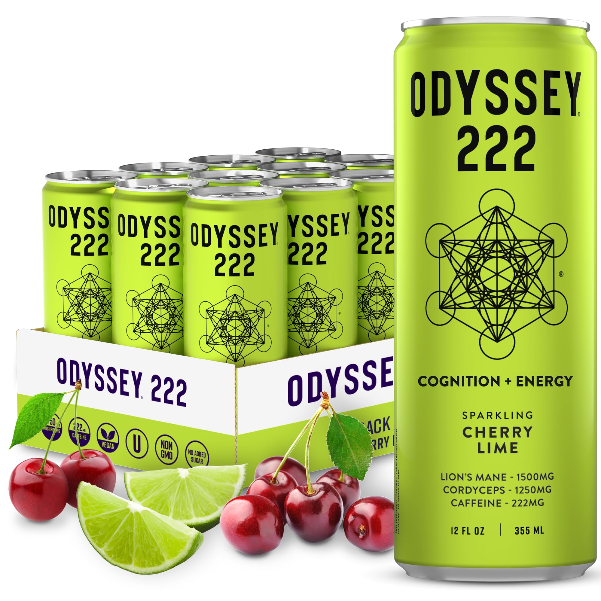 Odyssey Functional Energy Drink for Focus, Cognition & Mood Support 12 Pack - Adaptopgenic Drink with 222mg Green Tea Caffeine, Lion’s Mane, Cordyceps, L-Theanine & Ginseng