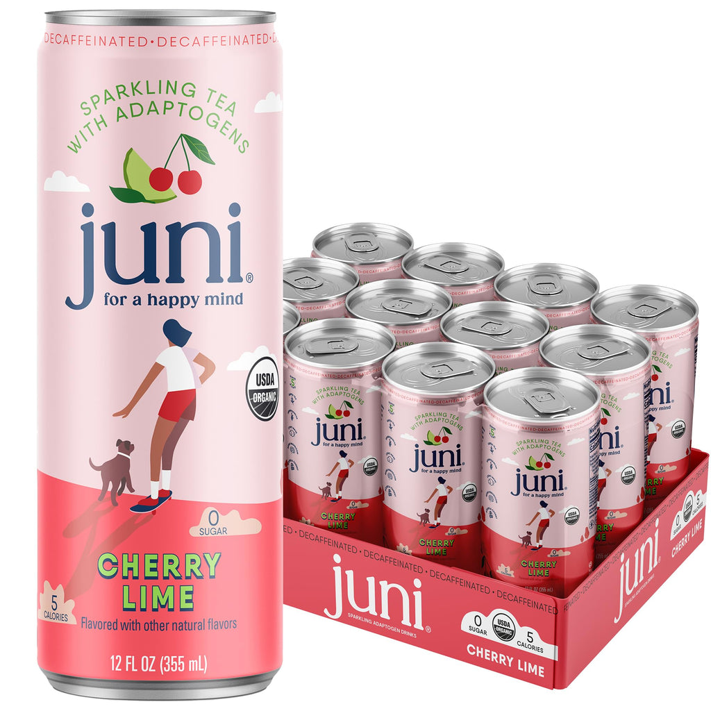 Juni Sparkling Adaptogen Drink with Ashwagandha, Lion’s Mane & Reishi Mushrooms | Green Tea for Focus, Zero Sugar, 5 Calories | Decaffeinated, Non Alcoholic Drinks -12oz Cans