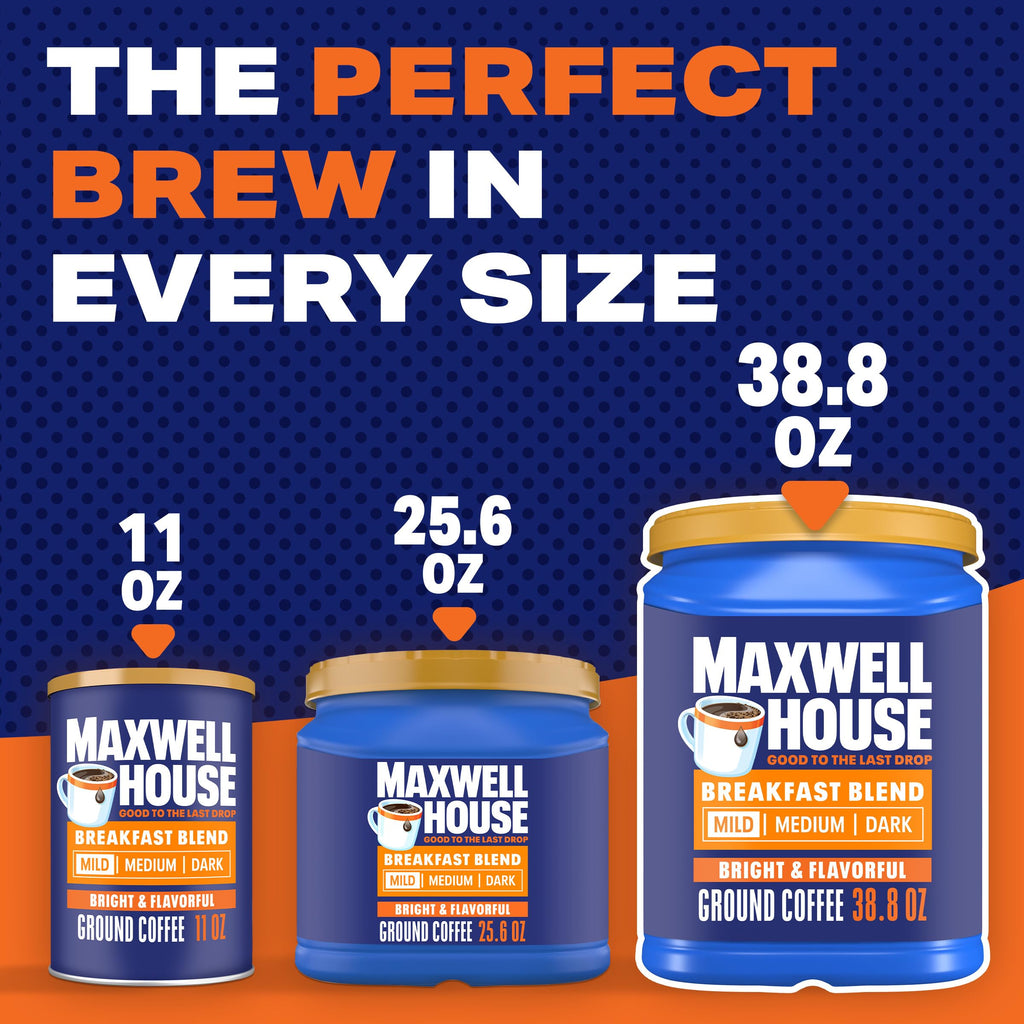 Maxwell House Breakfast Blend Mild Roast Ground Coffee, 38.8 oz Canister (Pack of 21)