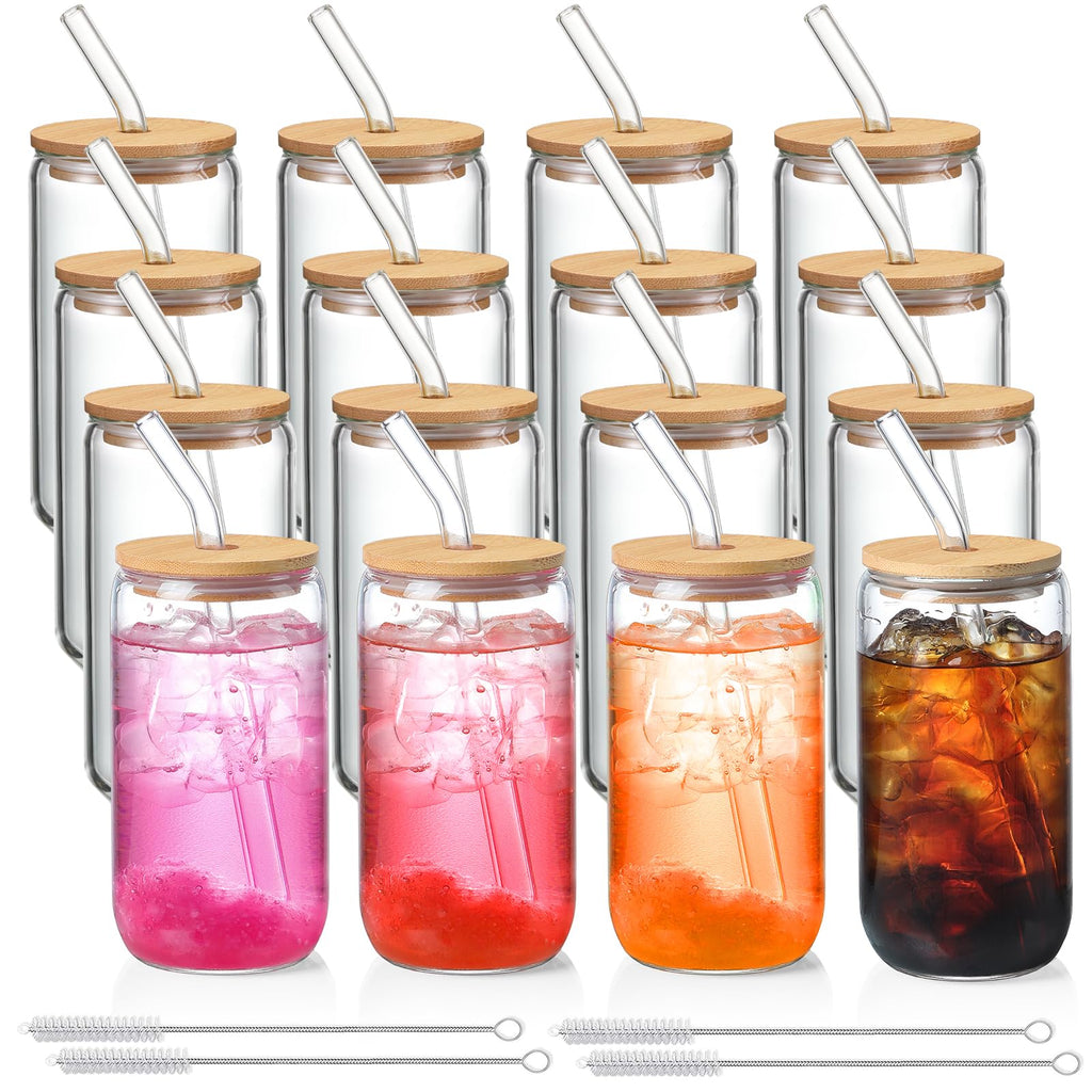 NETANY Drinking Glasses with Bamboo Lids and Glass Straw