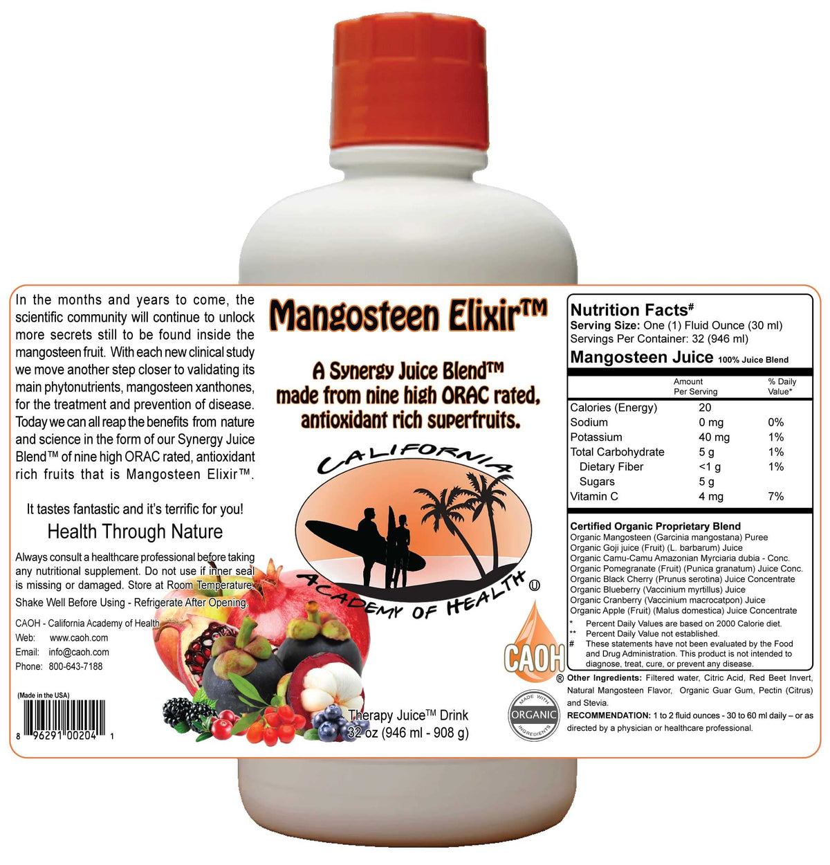 CAOH Organic Mangosteen Elixir Juice Blend, 32 oz, 6-Pack